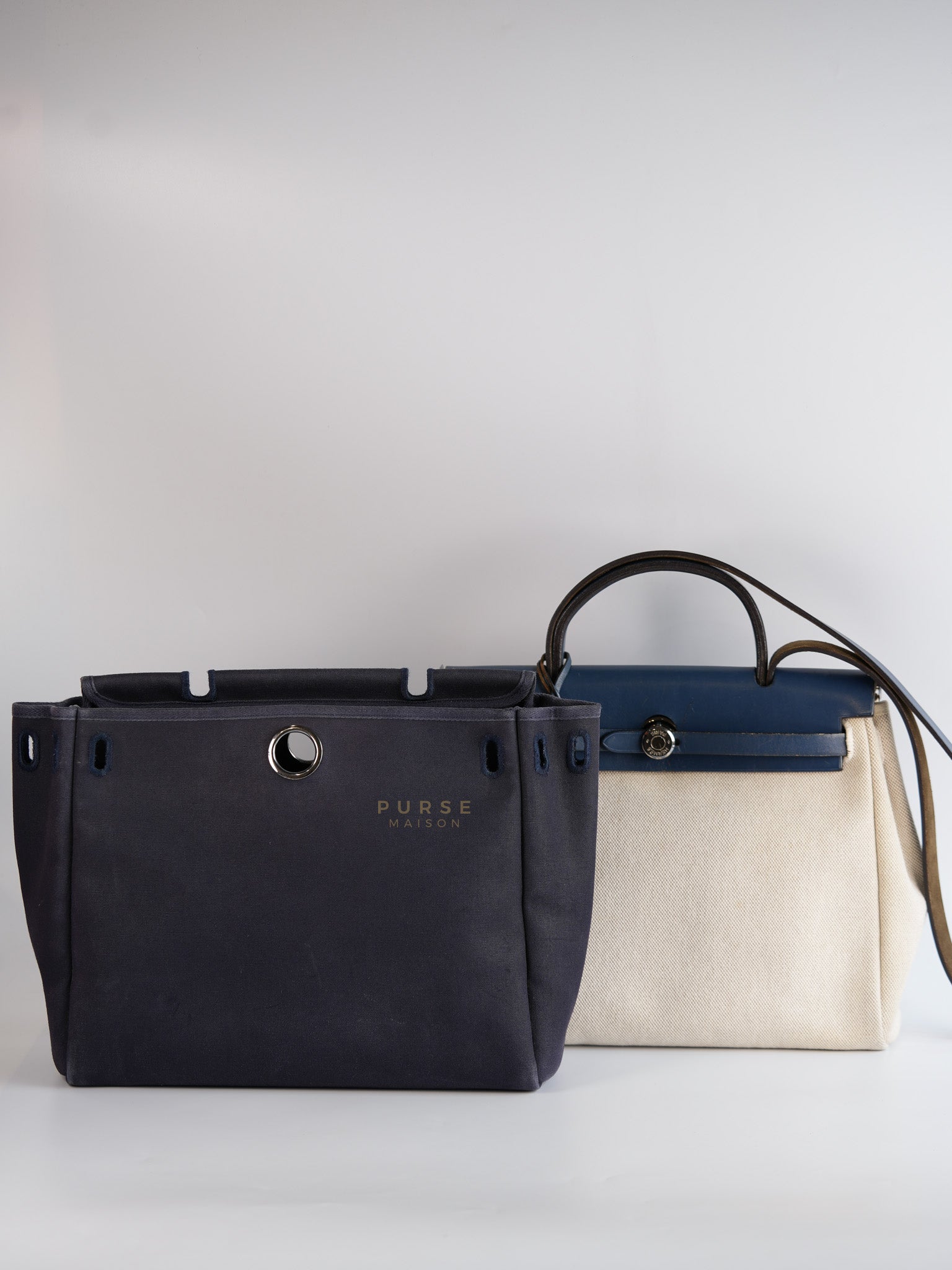 Herbag 31 Vintage Beige and Navy Blue in Palladium Hardware Stamp Square F (2002) | Purse Maison Luxury Bags Shop