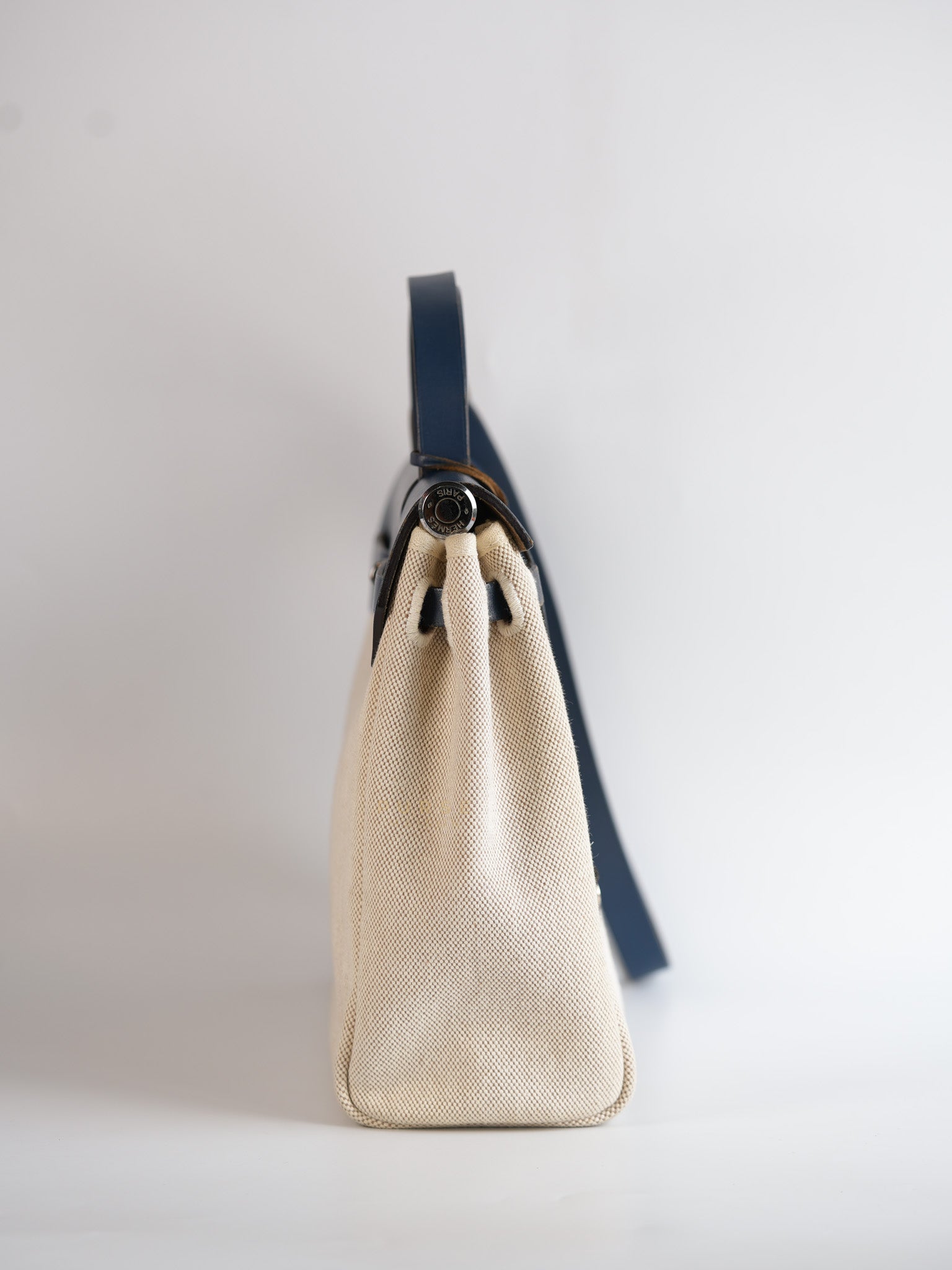 Herbag 31 Vintage Beige and Navy Blue in Palladium Hardware Stamp Square F (2002) | Purse Maison Luxury Bags Shop