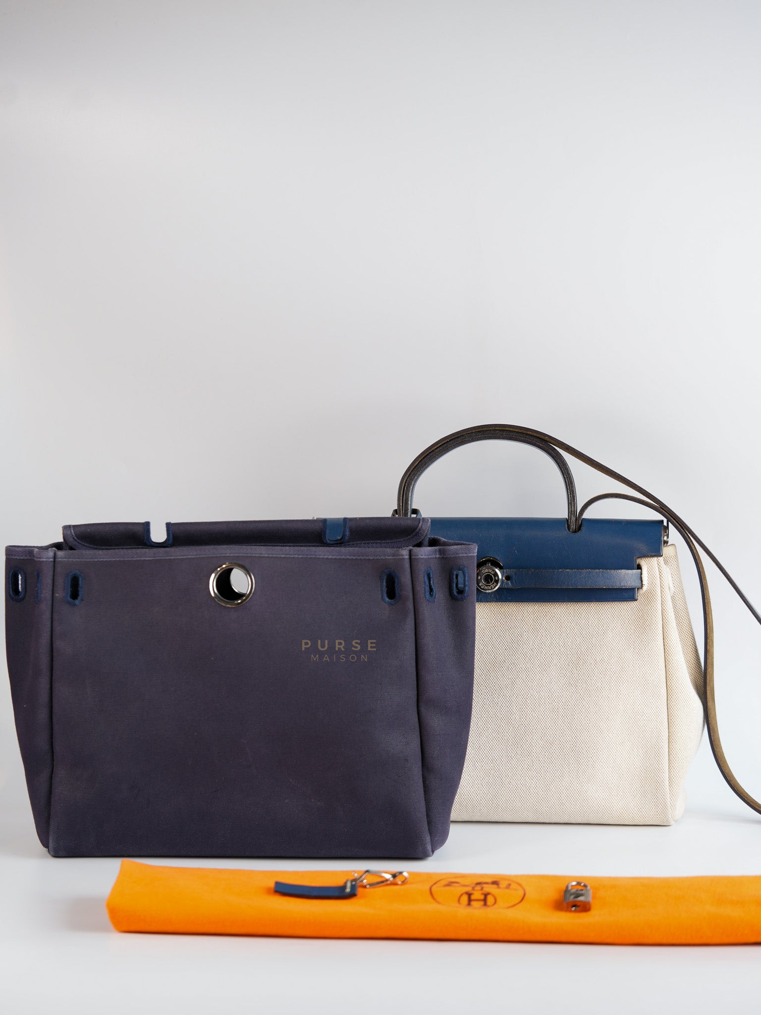 Herbag 31 Vintage Beige and Navy Blue in Palladium Hardware Stamp Square F (2002) | Purse Maison Luxury Bags Shop