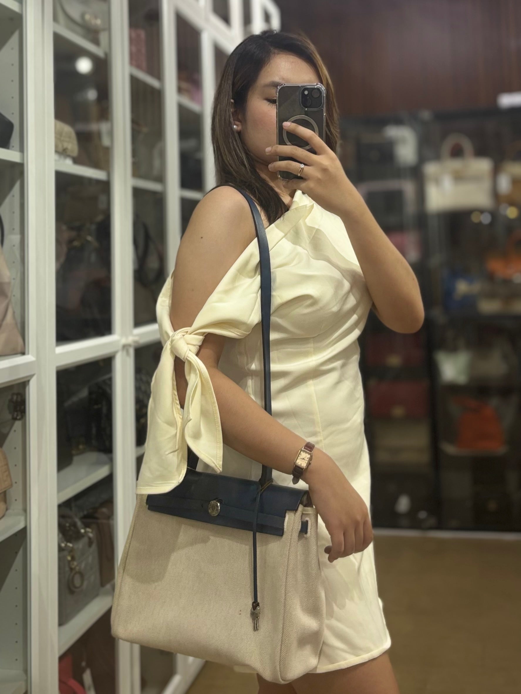 Herbag 31 Vintage Beige and Navy Blue in Palladium Hardware Stamp Square F (2002) | Purse Maison Luxury Bags Shop