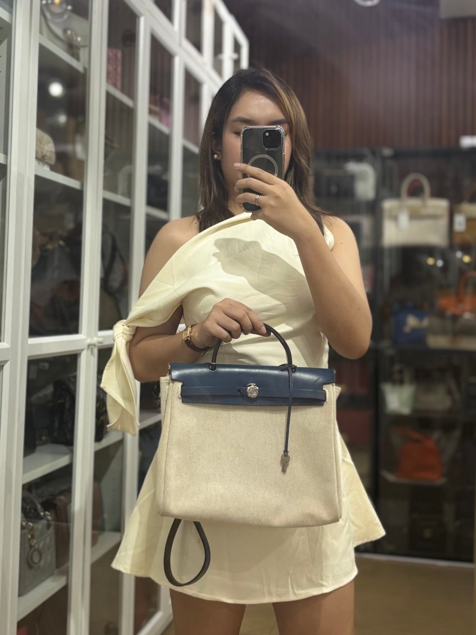 Herbag 31 Vintage Beige and Navy Blue in Palladium Hardware Stamp Square F (2002) | Purse Maison Luxury Bags Shop