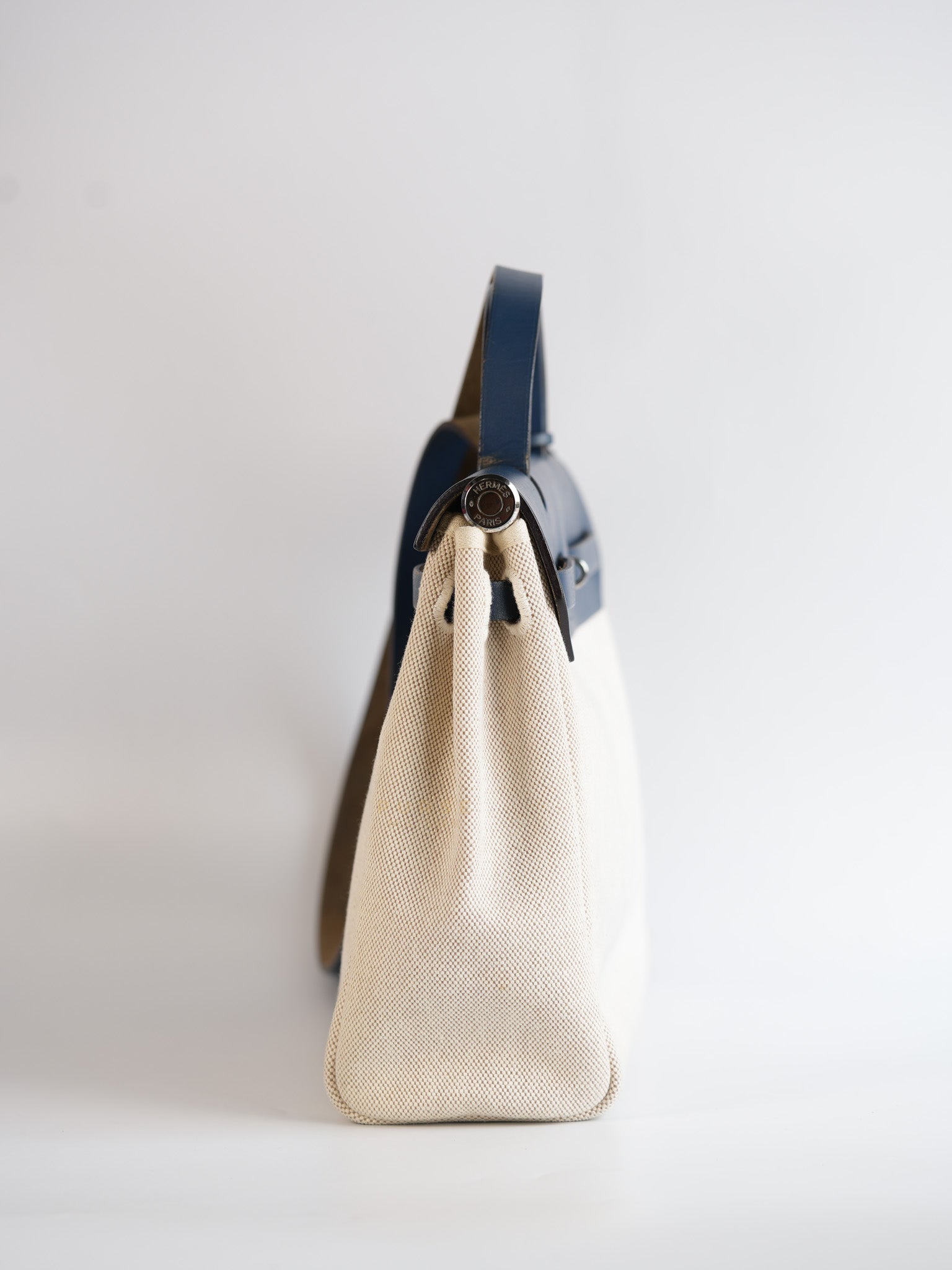 Herbag 31 Vintage Beige and Navy Blue in Palladium Hardware Stamp Square F (2002) | Purse Maison Luxury Bags Shop