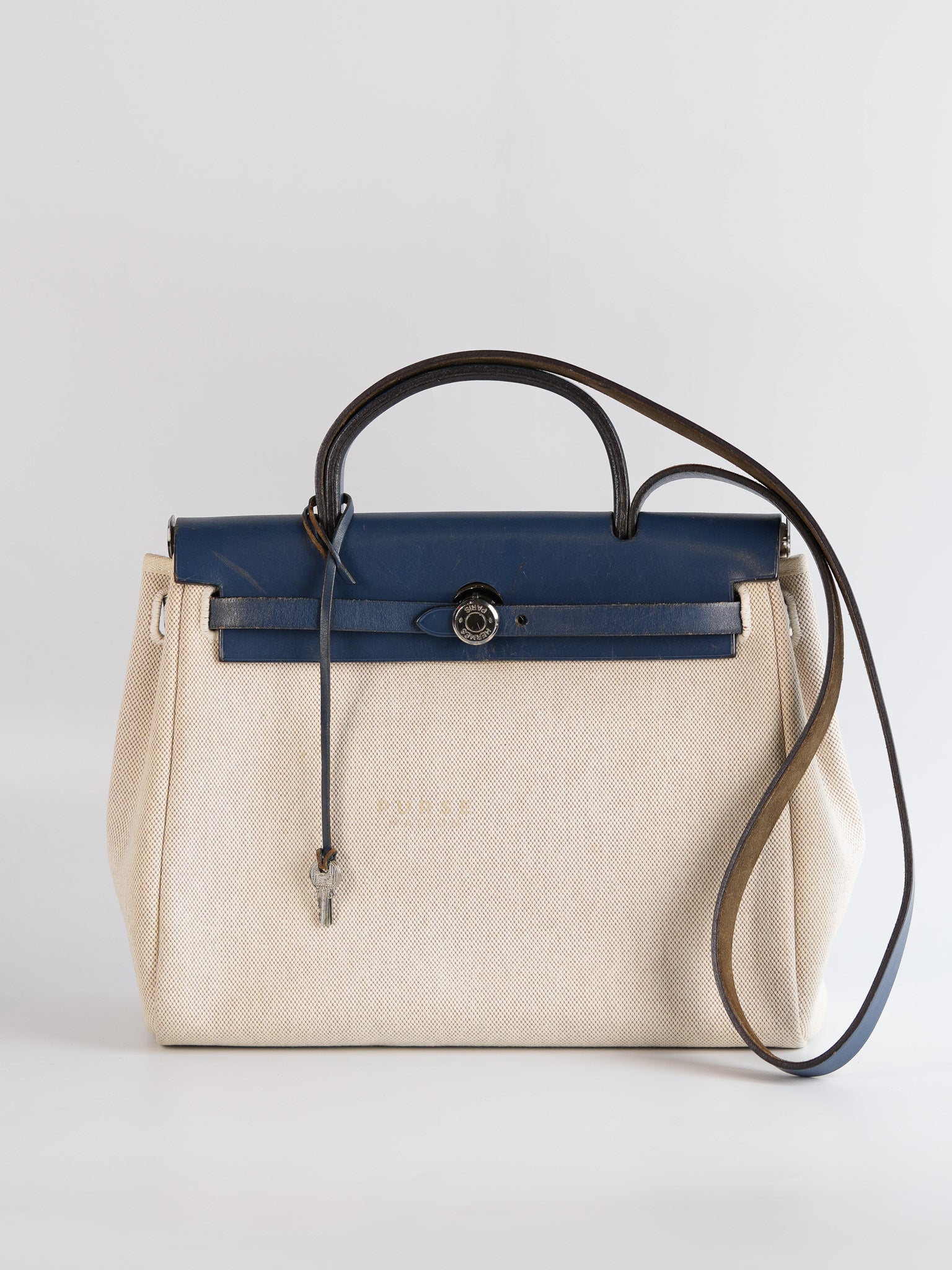 Herbag 31 Vintage Beige and Navy Blue in Palladium Hardware Stamp Square F (2002) | Purse Maison Luxury Bags Shop