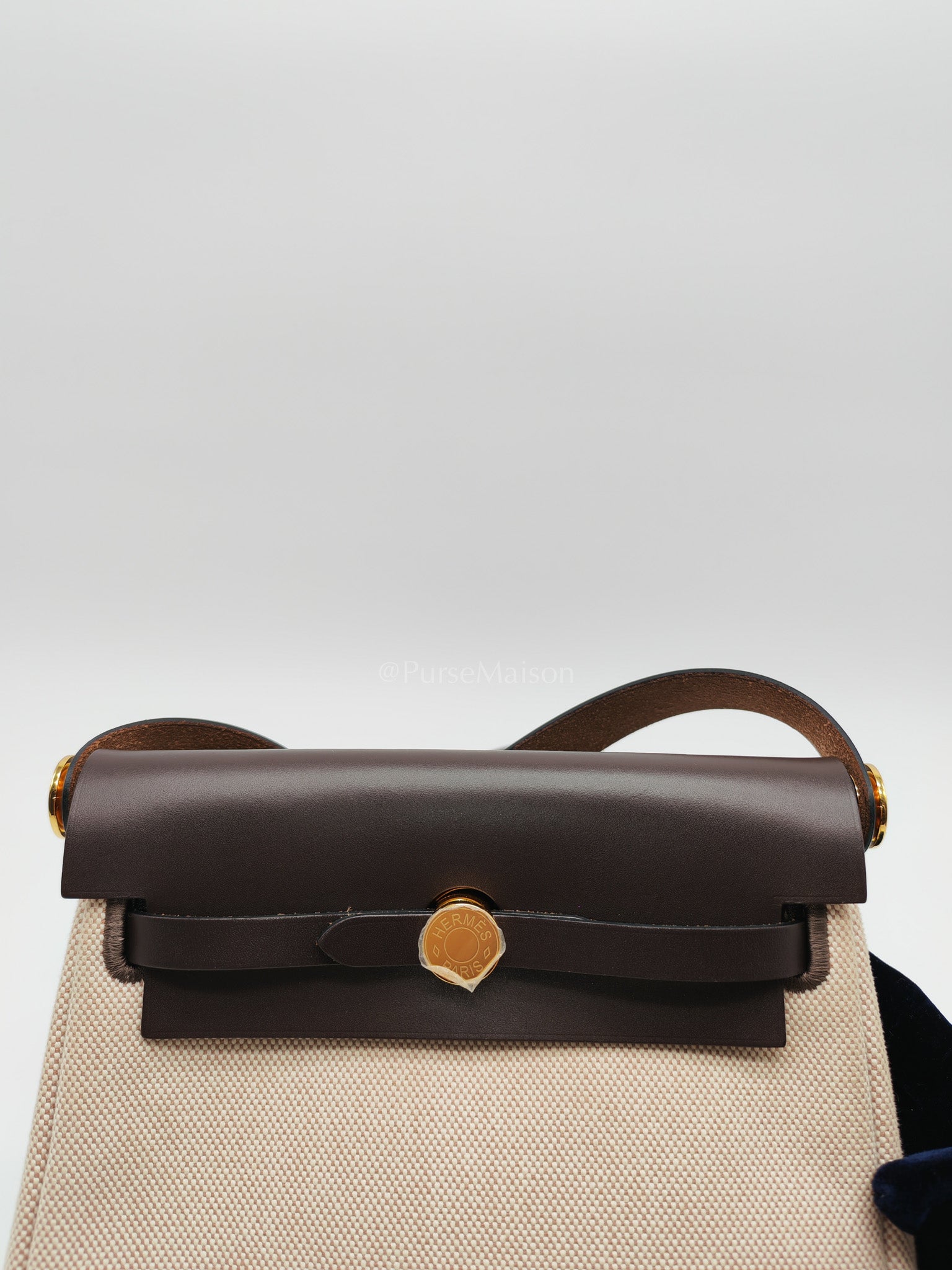 Herbag Mini in Military Toile Canvas & Ebene Leather Gold Hardware Stamp W(2024) | Purse Maison Luxury Bags Shop