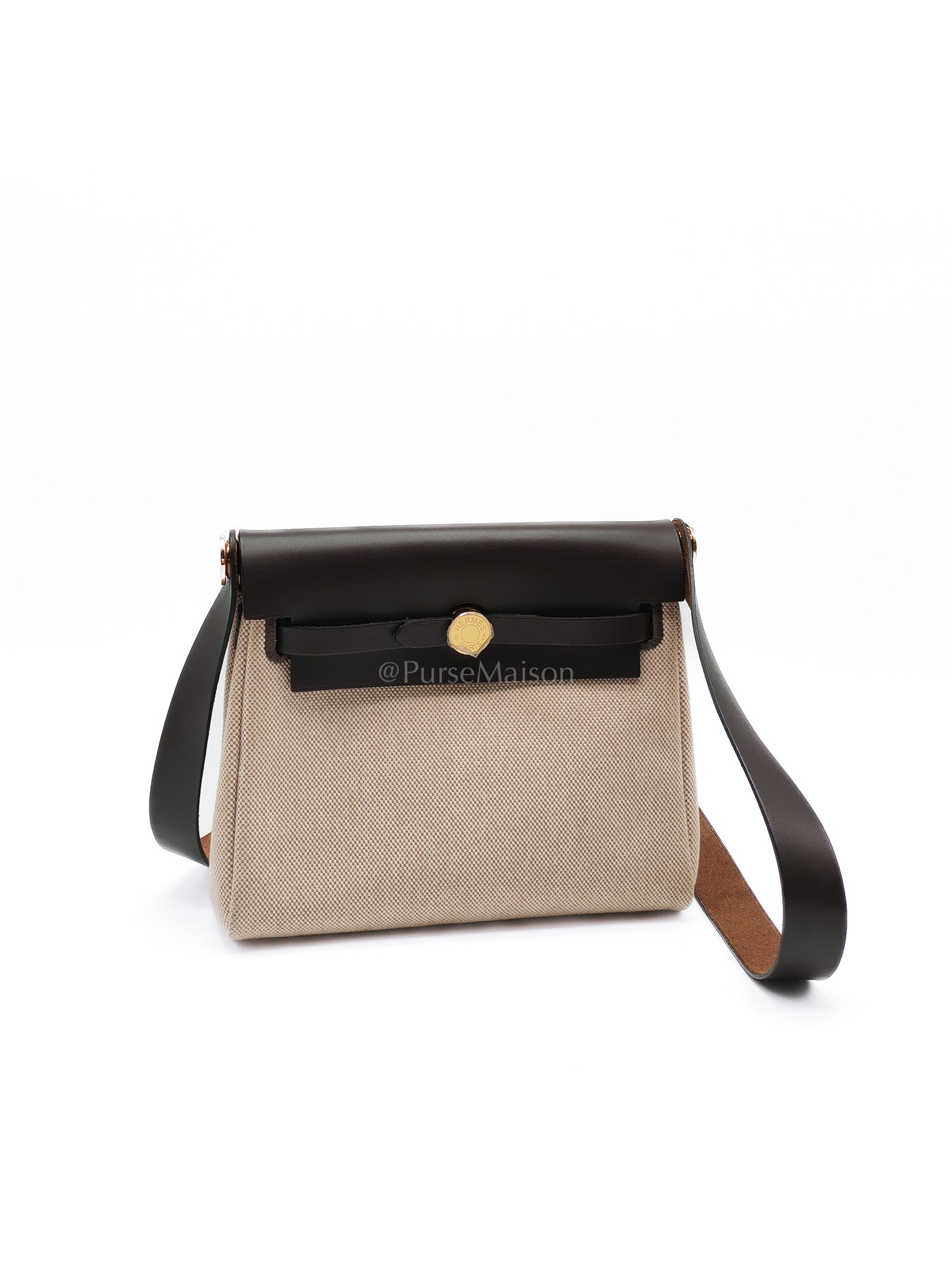 Herbag Mini in Military Toile Canvas & Ebene Leather Gold Hardware Stamp W(2024) | Purse Maison Luxury Bags Shop