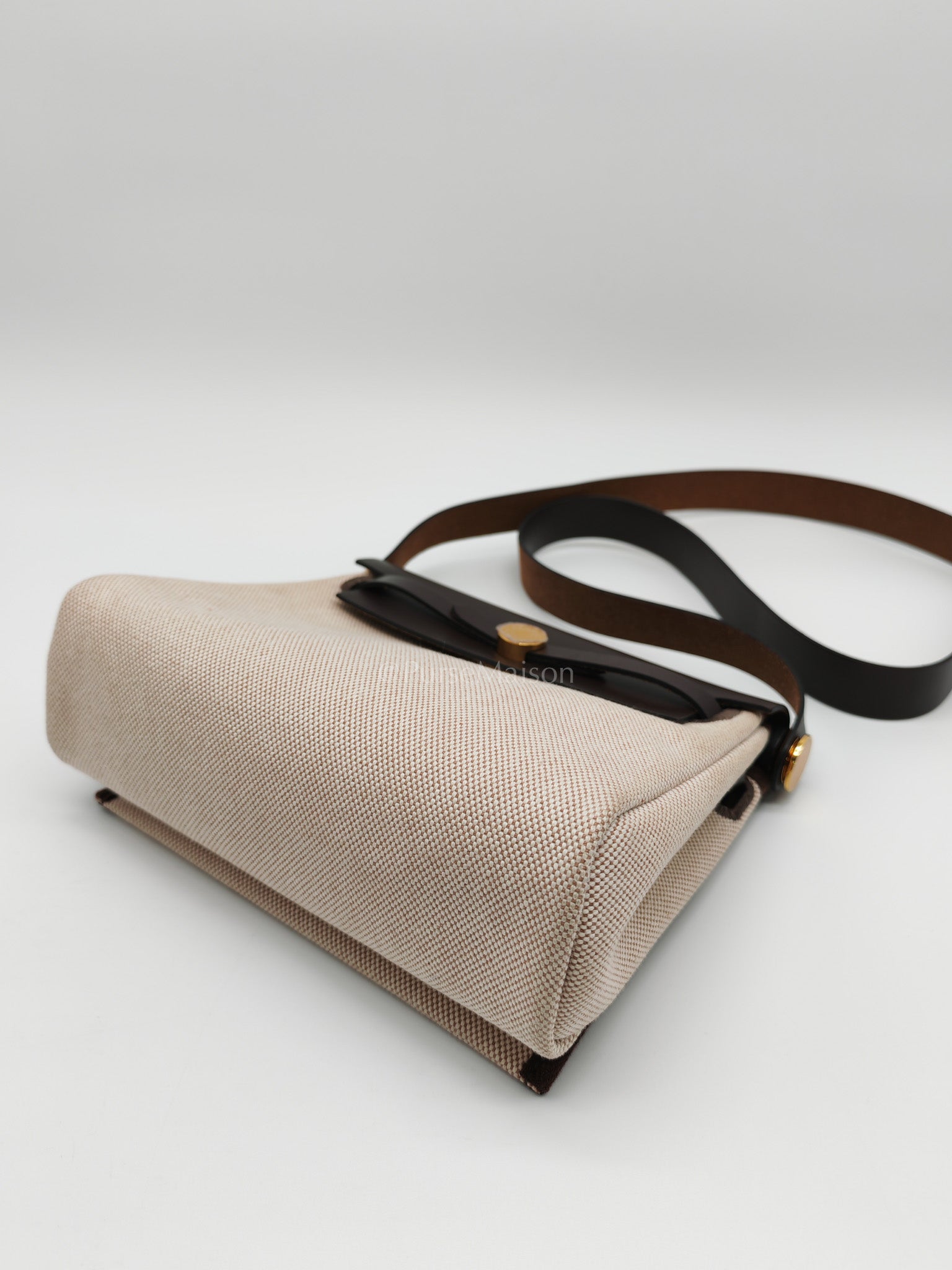 Herbag Mini in Military Toile Canvas & Ebene Leather Gold Hardware Stamp W(2024) | Purse Maison Luxury Bags Shop