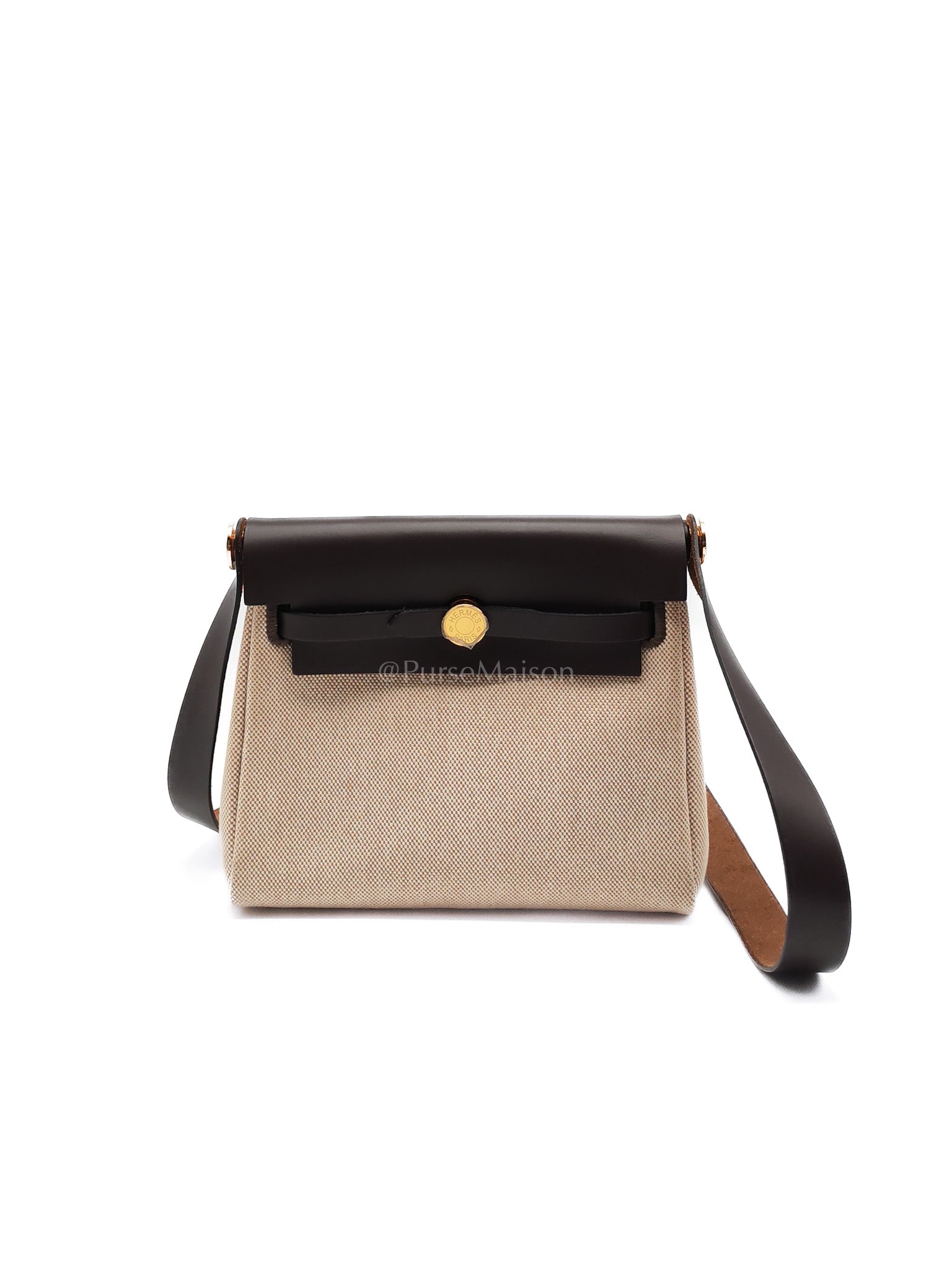 Herbag Mini in Military Toile Canvas & Ebene Leather Gold Hardware Stamp W(2024) | Purse Maison Luxury Bags Shop