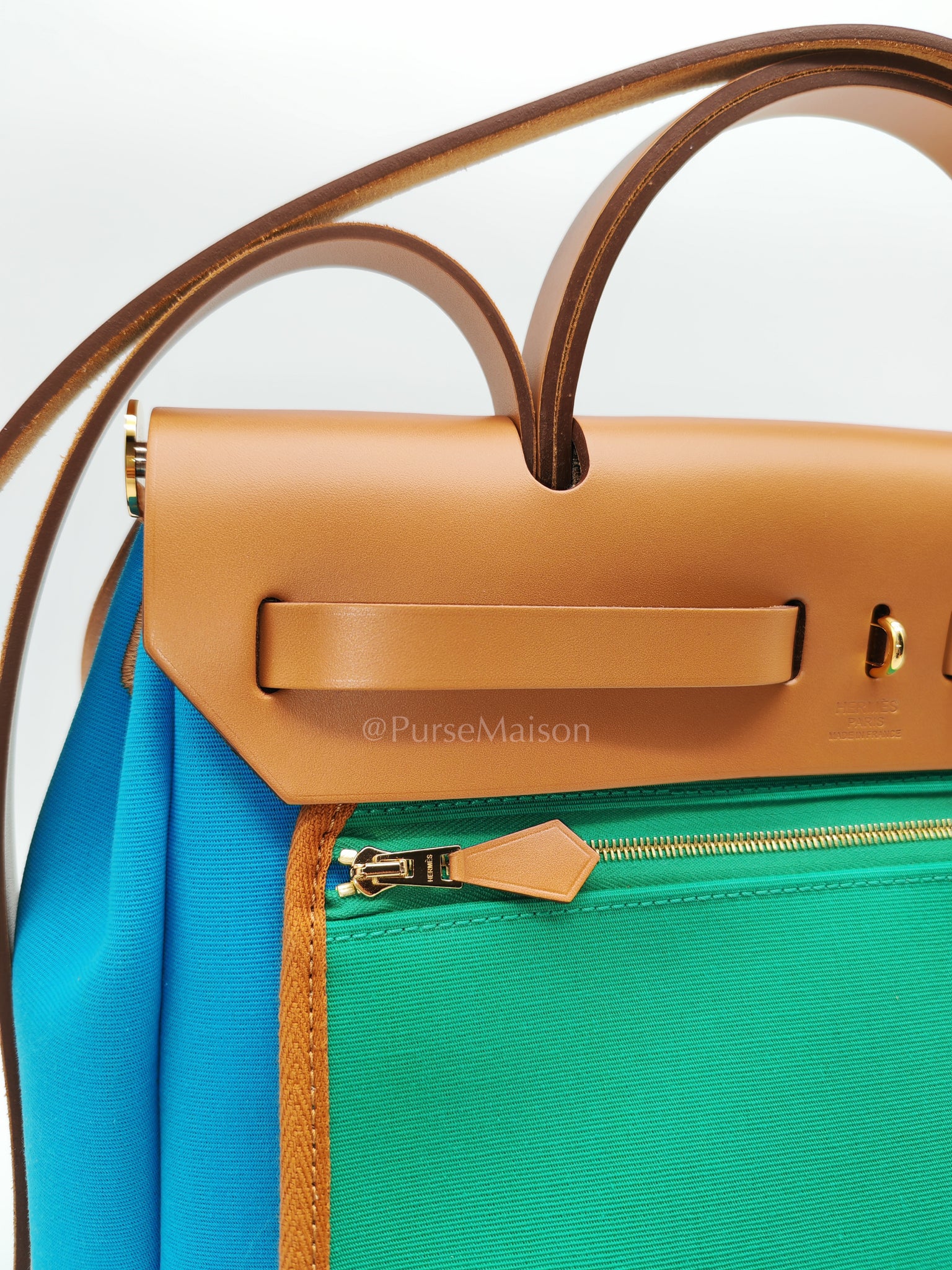 Herbag Zip 31 Bleu Azteque Menthe Tan Vache Hunter Toile Leather and Gold Hardware Stamp U (2022) | Purse Maison Luxury Bags Shop