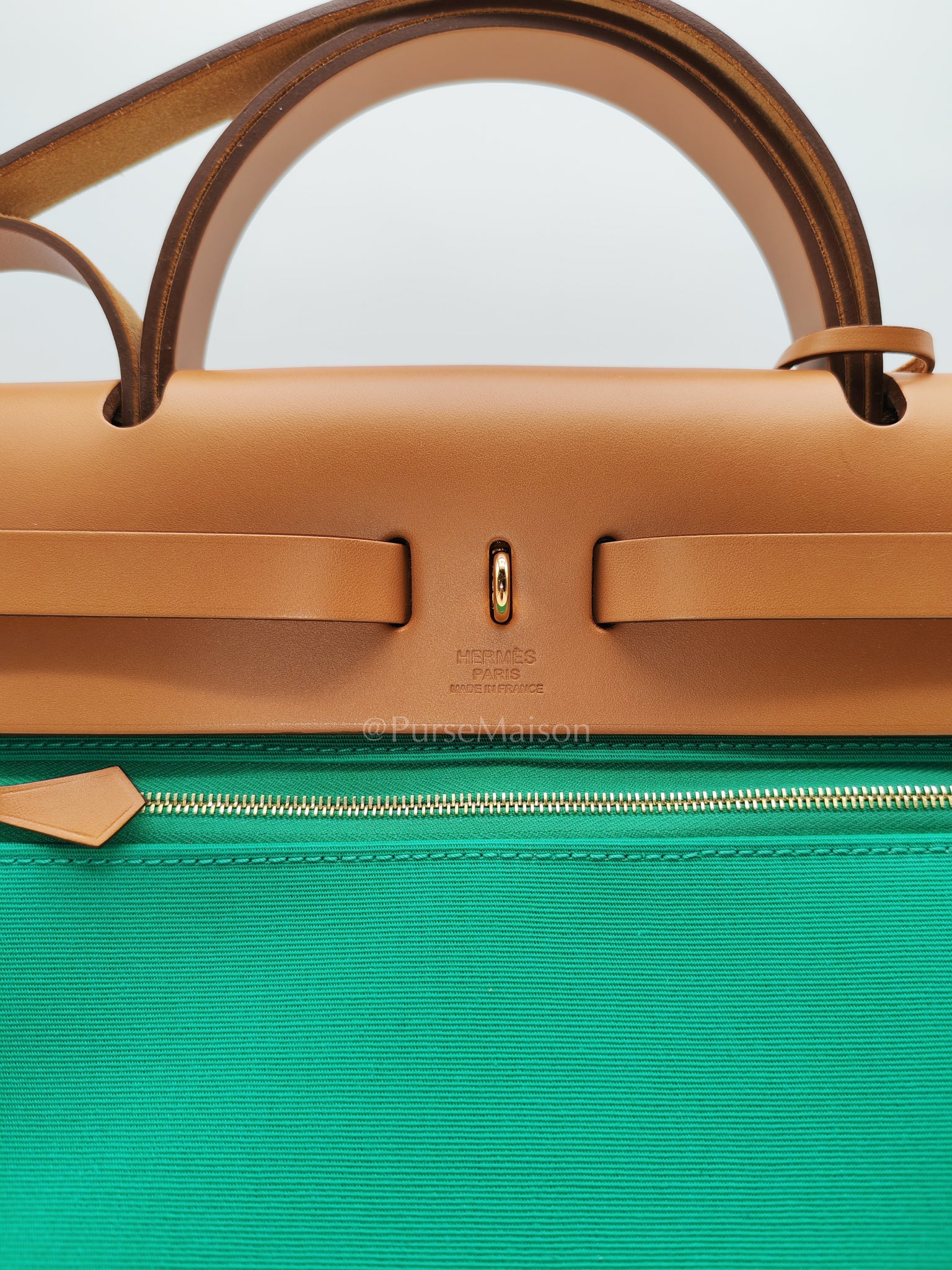 Herbag Zip 31 Bleu Azteque Menthe Tan Vache Hunter Toile Leather and Gold Hardware Stamp U (2022) | Purse Maison Luxury Bags Shop