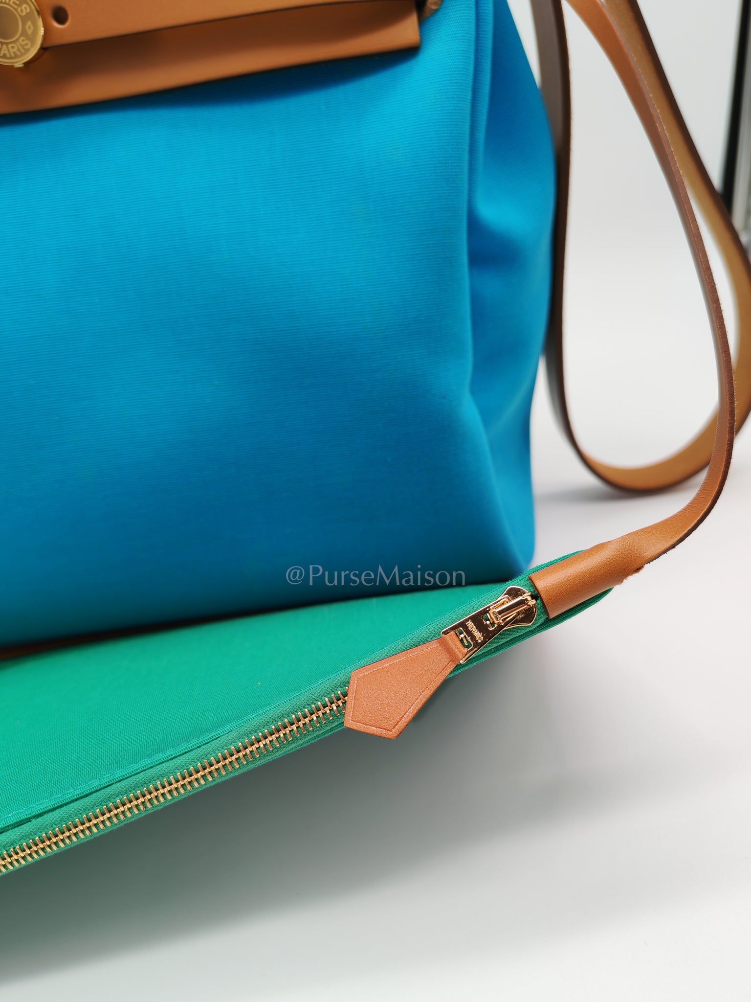 Herbag Zip 31 Bleu Azteque Menthe Tan Vache Hunter Toile Leather and Gold Hardware Stamp U (2022) | Purse Maison Luxury Bags Shop
