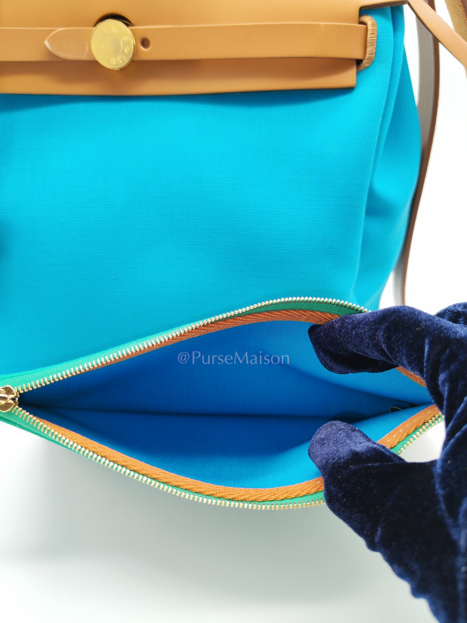 Herbag Zip 31 Bleu Azteque Menthe Tan Vache Hunter Toile Leather and Gold Hardware Stamp U (2022) | Purse Maison Luxury Bags Shop