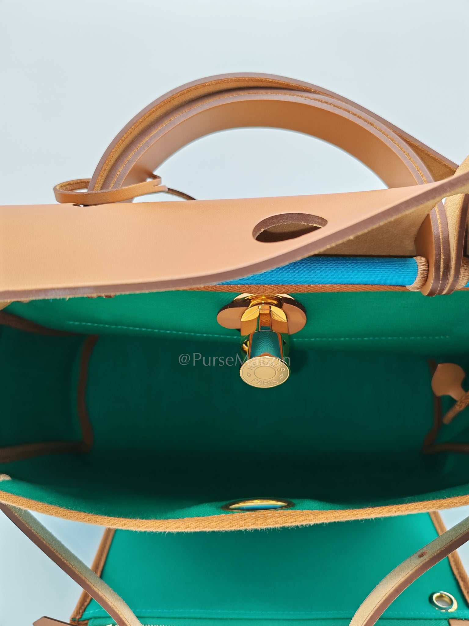 Herbag Zip 31 Bleu Azteque Menthe Tan Vache Hunter Toile Leather and Gold Hardware Stamp U (2022) | Purse Maison Luxury Bags Shop