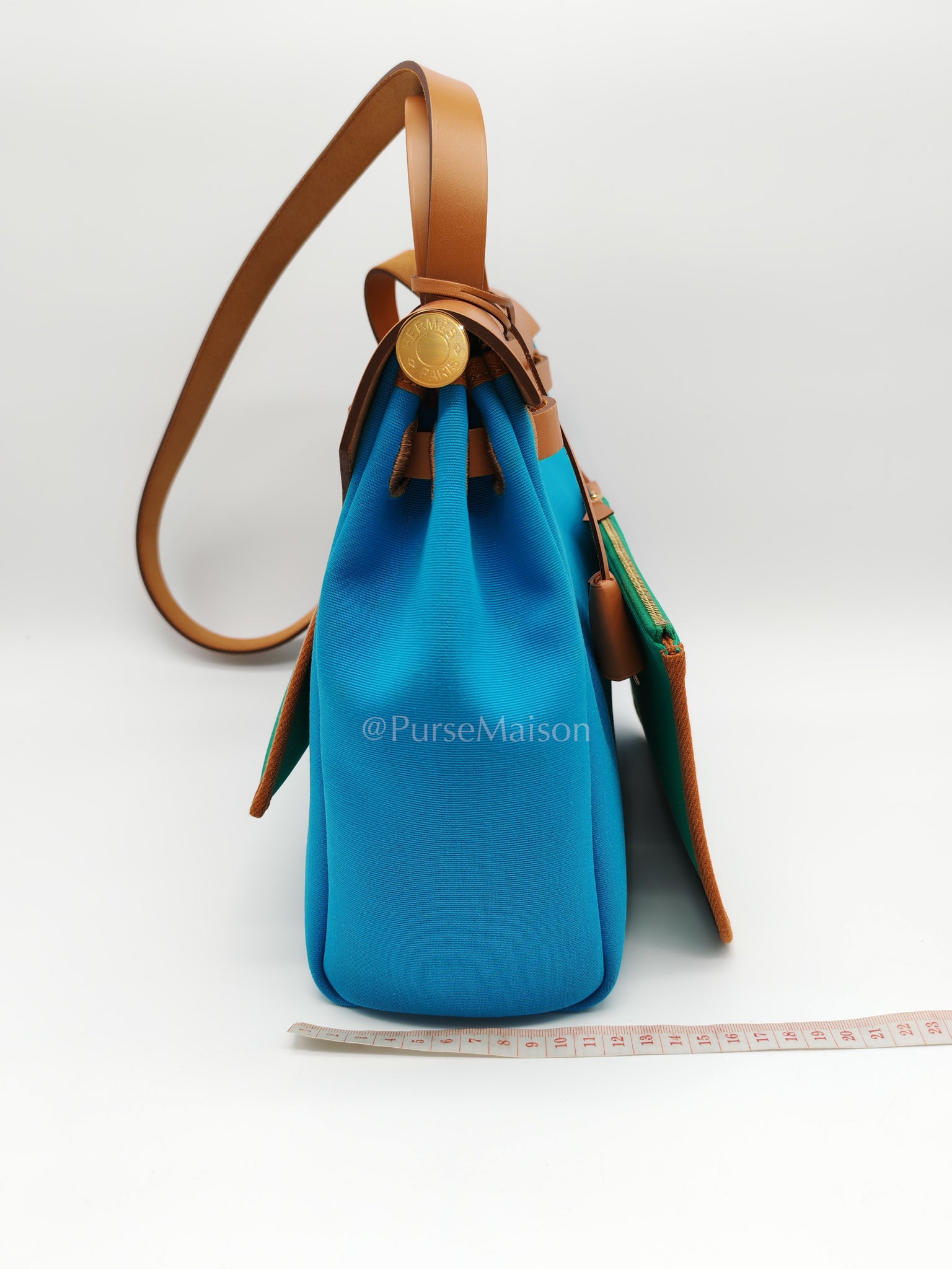 Herbag Zip 31 Bleu Azteque Menthe Tan Vache Hunter Toile Leather and Gold Hardware Stamp U (2022) | Purse Maison Luxury Bags Shop