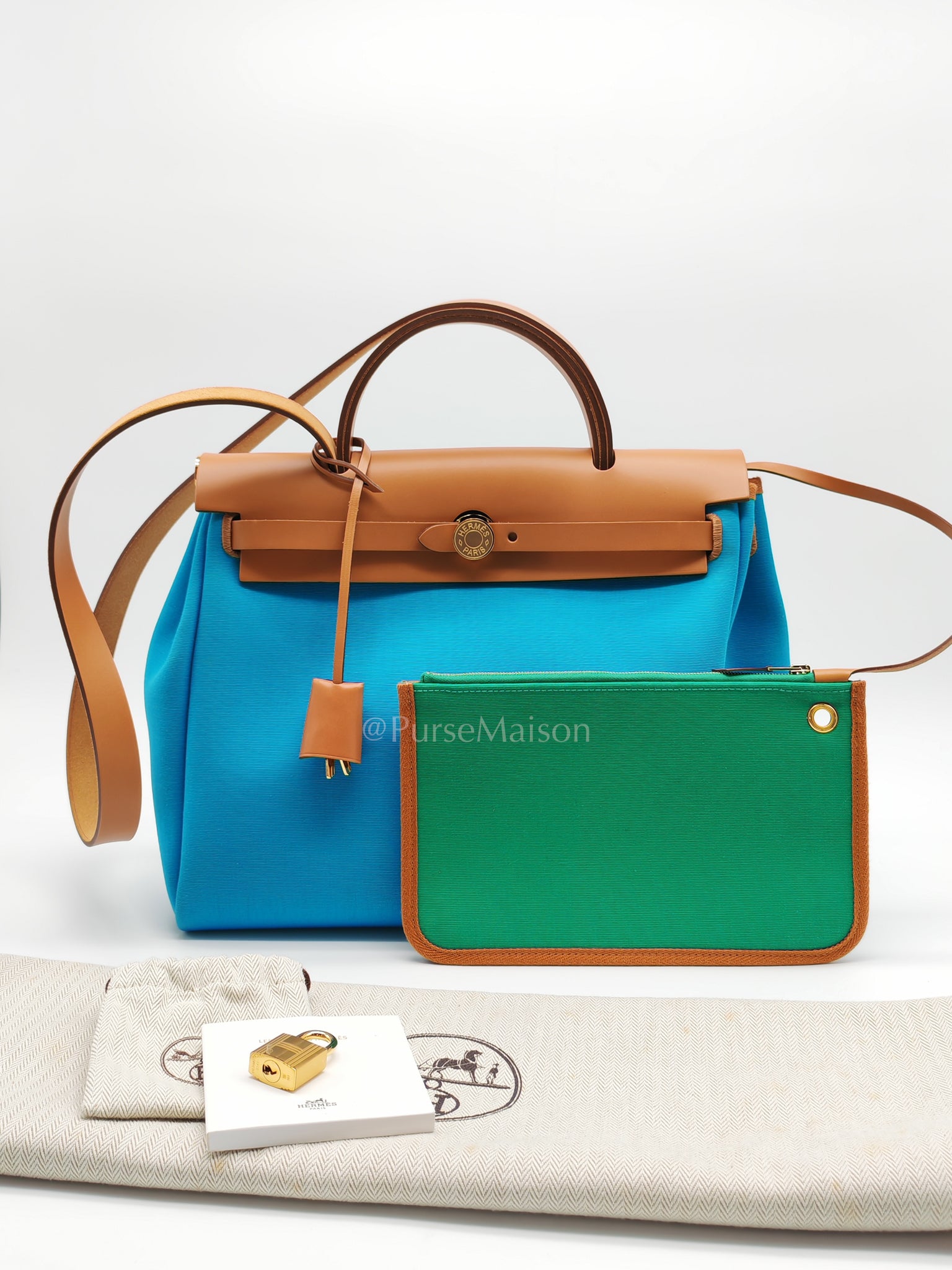 Herbag Zip 31 Bleu Azteque Menthe Tan Vache Hunter Toile Leather and Gold Hardware Stamp U (2022) | Purse Maison Luxury Bags Shop