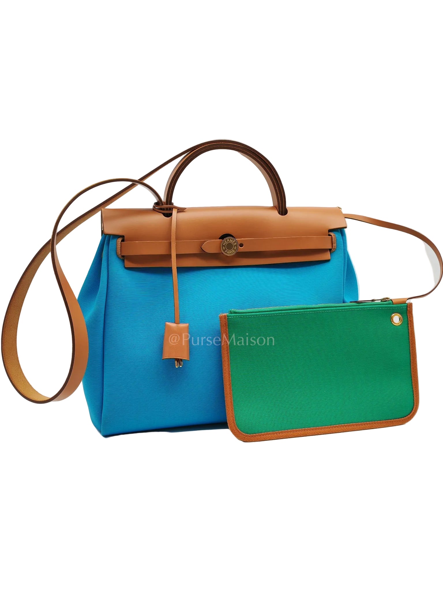 Herbag Zip 31 Bleu Azteque Menthe Tan Vache Hunter Toile Leather and Gold Hardware Stamp U (2022) | Purse Maison Luxury Bags Shop