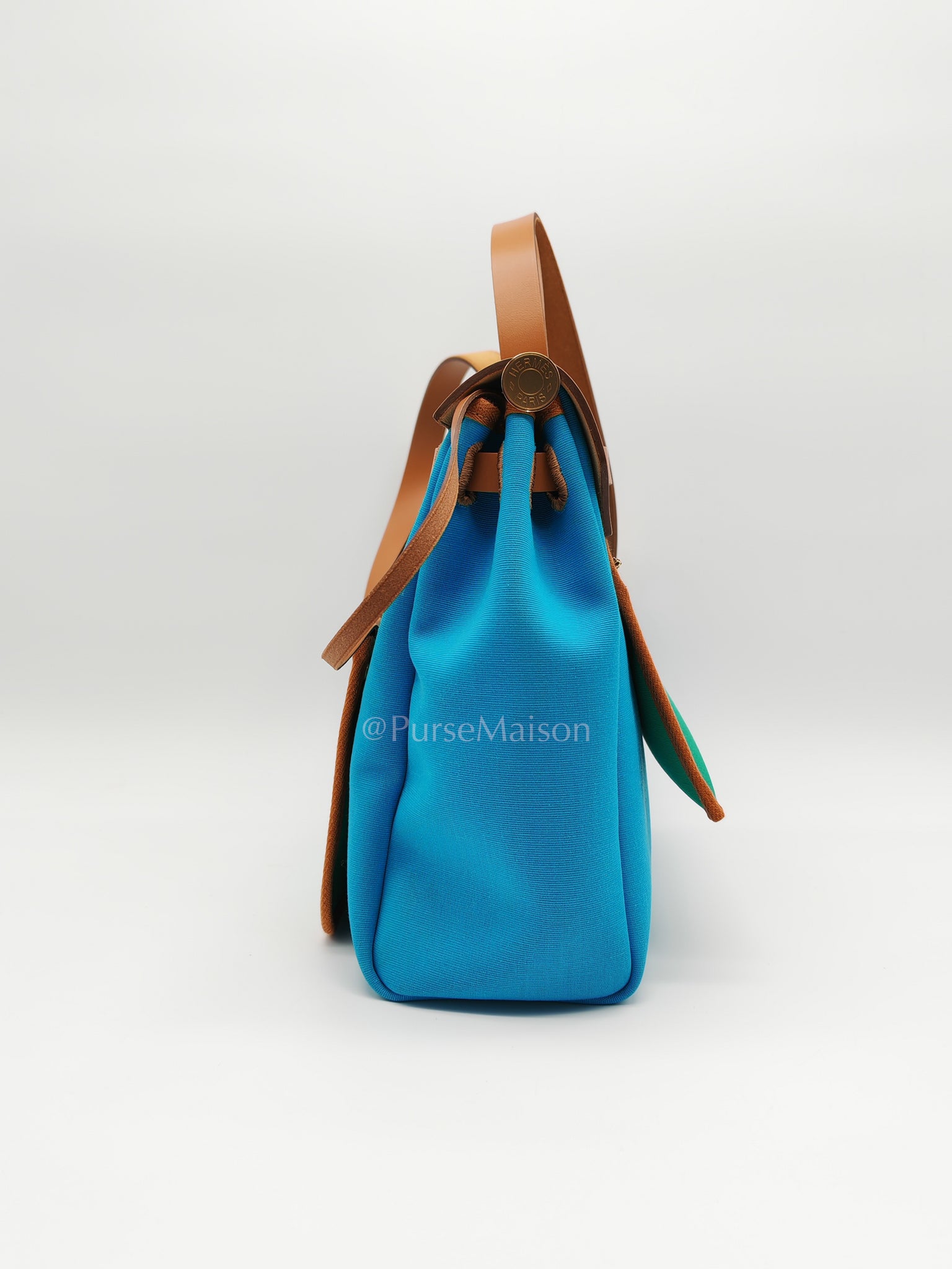 Herbag Zip 31 Bleu Azteque Menthe Tan Vache Hunter Toile Leather and Gold Hardware Stamp U (2022) | Purse Maison Luxury Bags Shop