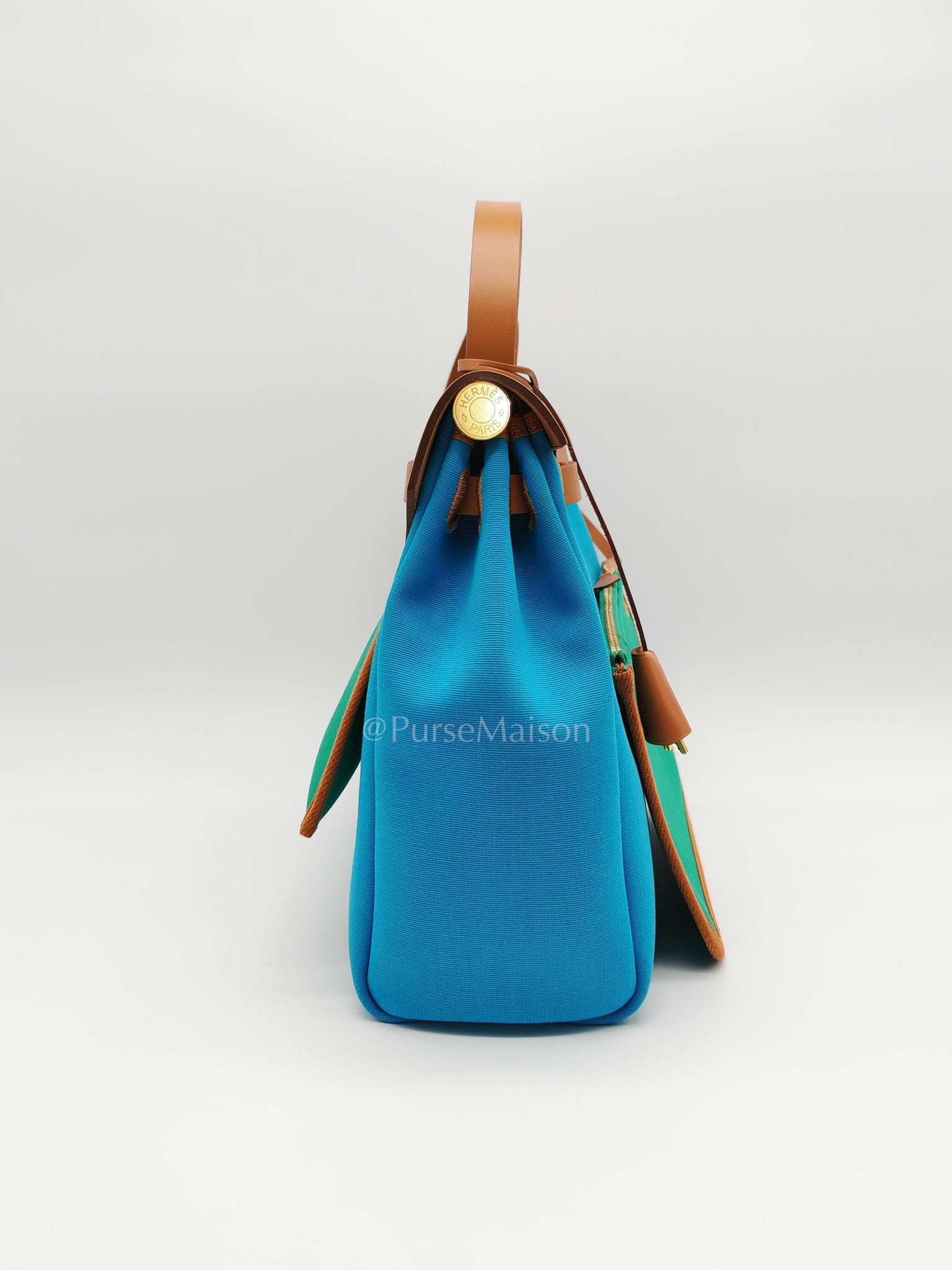 Herbag Zip 31 Bleu Azteque Menthe Tan Vache Hunter Toile Leather and Gold Hardware Stamp U (2022) | Purse Maison Luxury Bags Shop