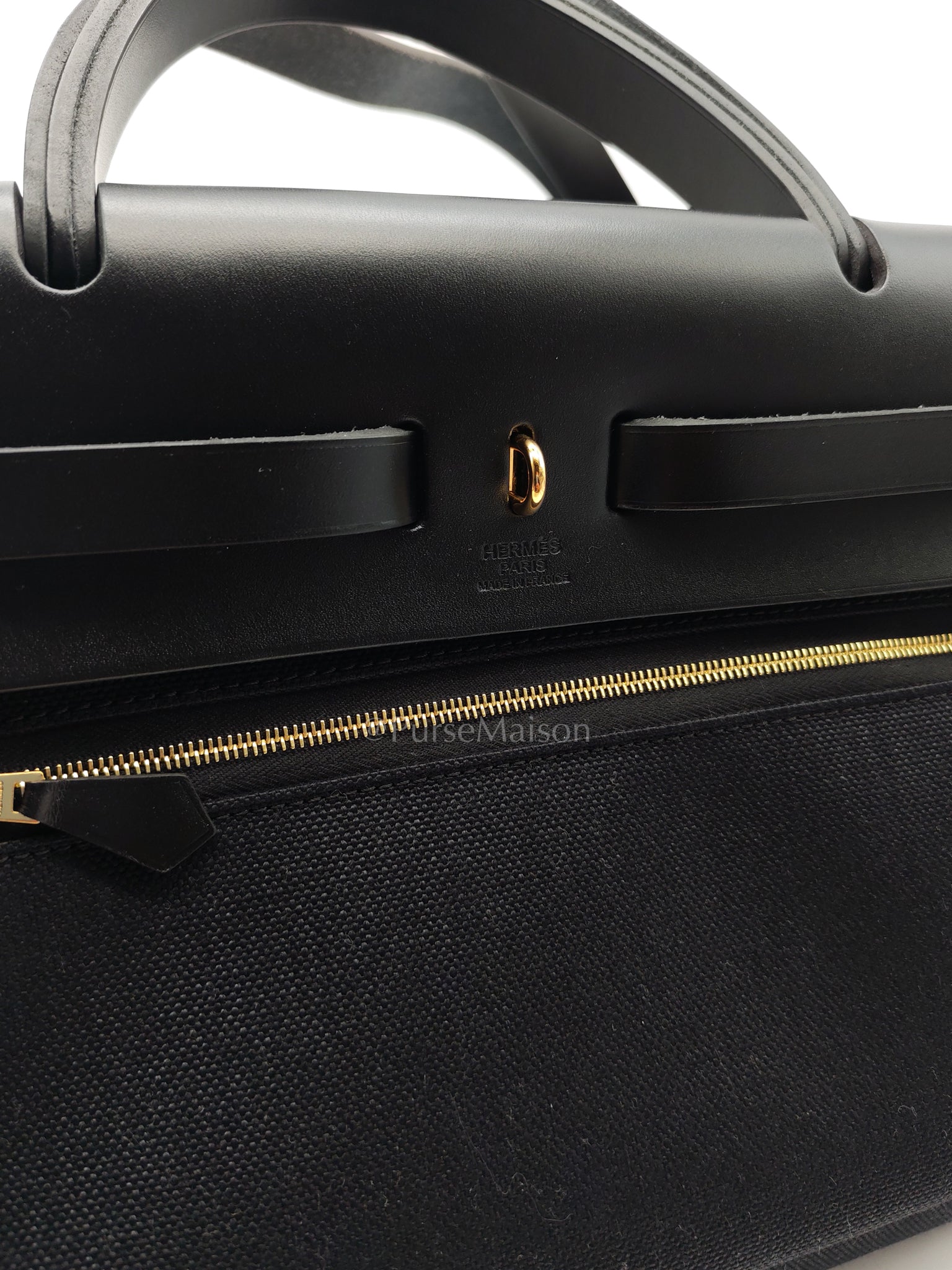 Herbag Zip 31 in Black Military Toile Vache Hunter and Gold Hardware Stamp U (2022) | Purse Maison Luxury Bags Shop