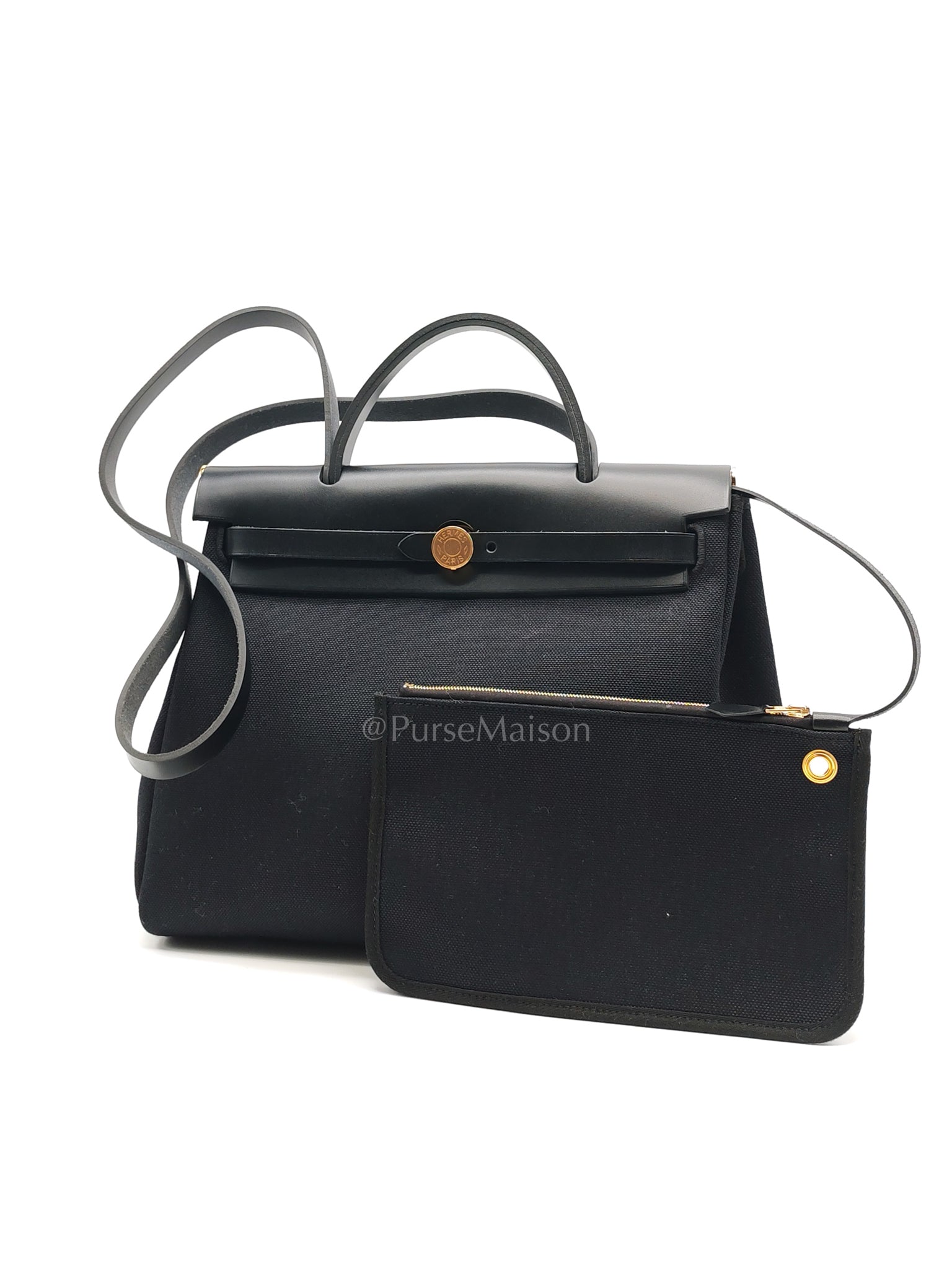 Herbag Zip 31 in Black Military Toile Vache Hunter and Gold Hardware Stamp U (2022) | Purse Maison Luxury Bags Shop