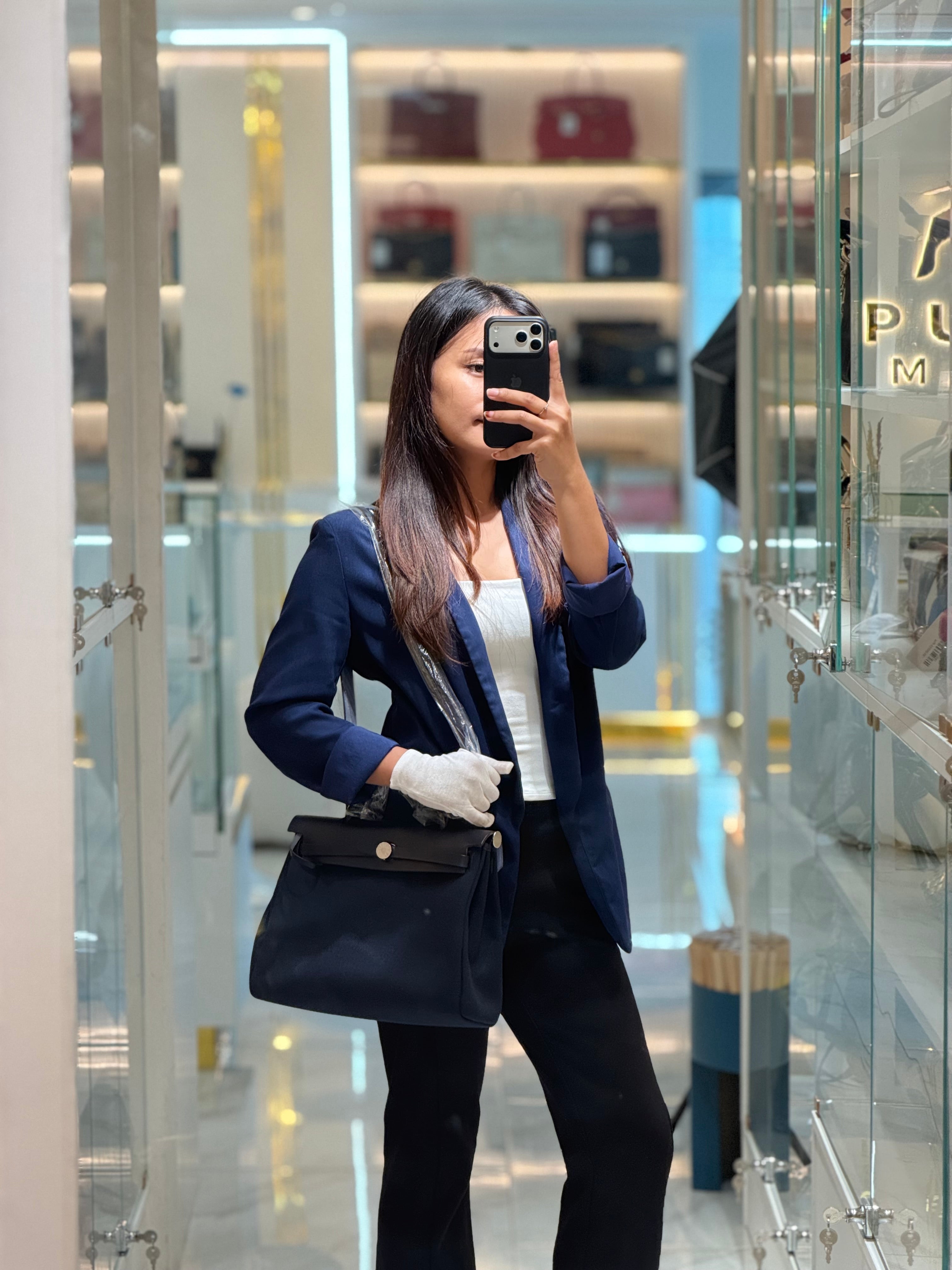 Herbag Zip 31 Toile Militaire/Vache Hunter Blue Indigo in Palladium Hardware Stamp G(2026) | Purse Maison Luxury Bags Shop