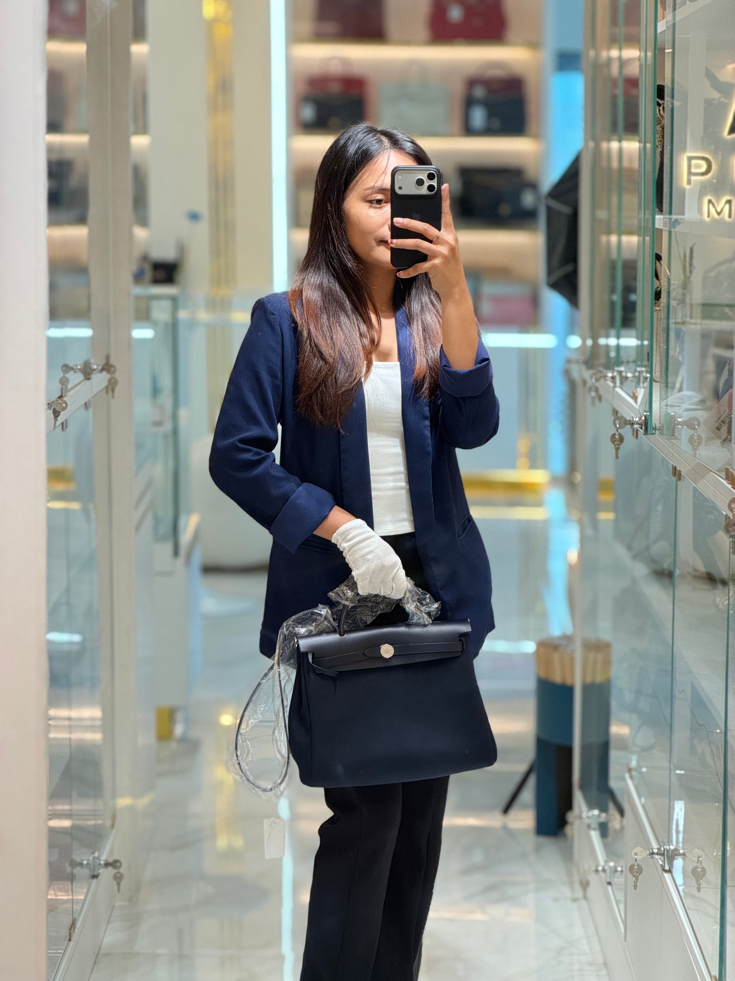Herbag Zip 31 Toile Militaire/Vache Hunter Blue Indigo in Palladium Hardware Stamp G(2026) | Purse Maison Luxury Bags Shop