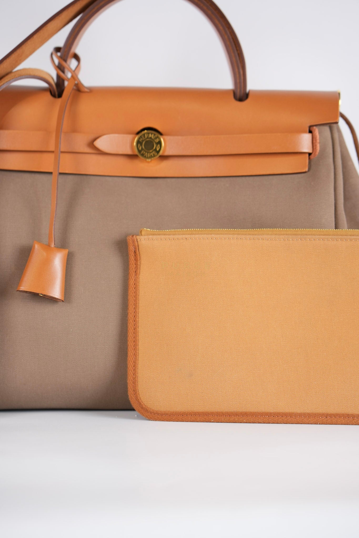 Herbag Zip 31 Vache Hunter Toile in Etoupe ang Gold Hardware Stamp U (2022) | Purse Maison Luxury Bags Shop