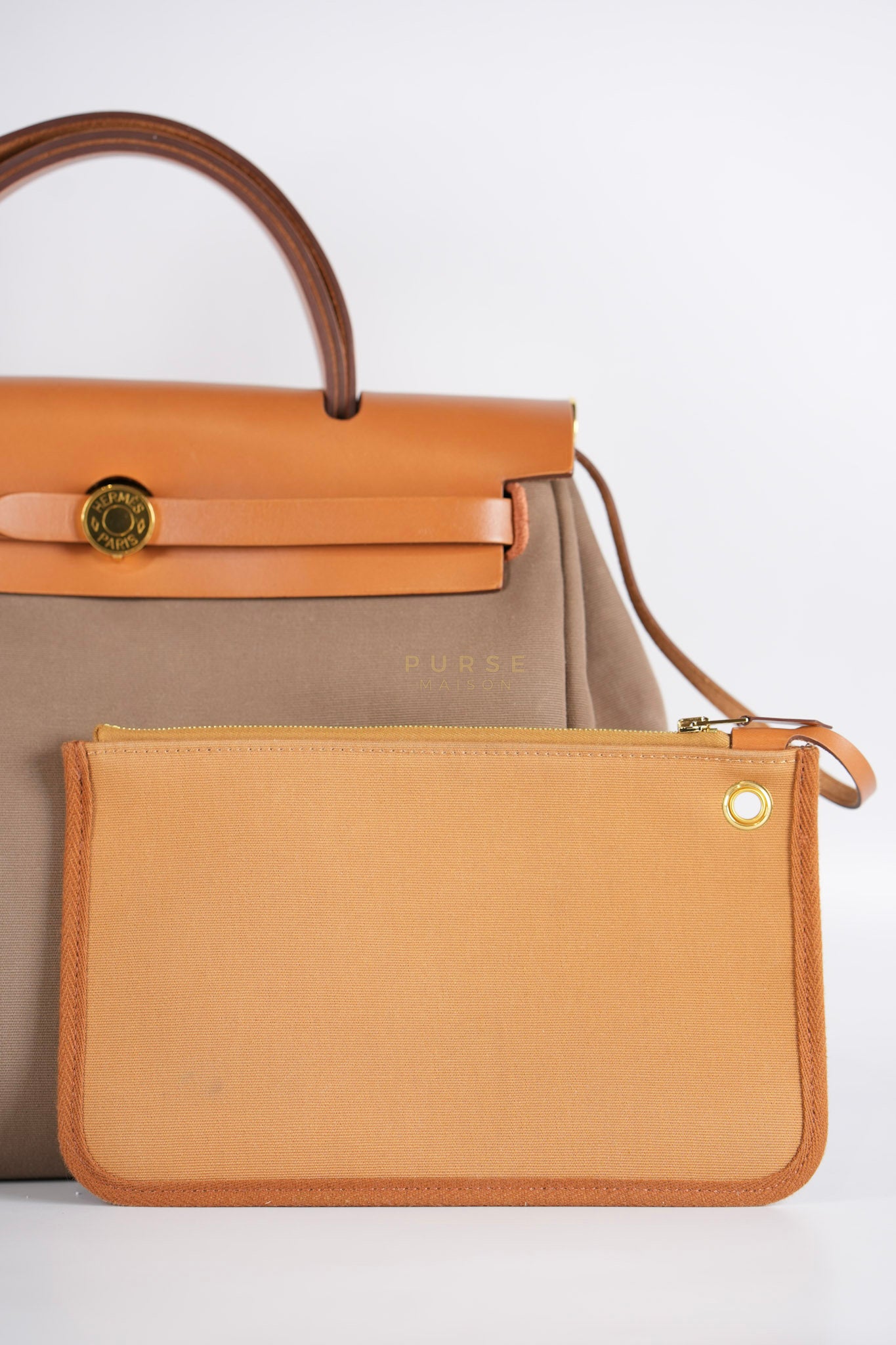 Herbag Zip 31 Vache Hunter Toile in Etoupe ang Gold Hardware Stamp U (2022) | Purse Maison Luxury Bags Shop
