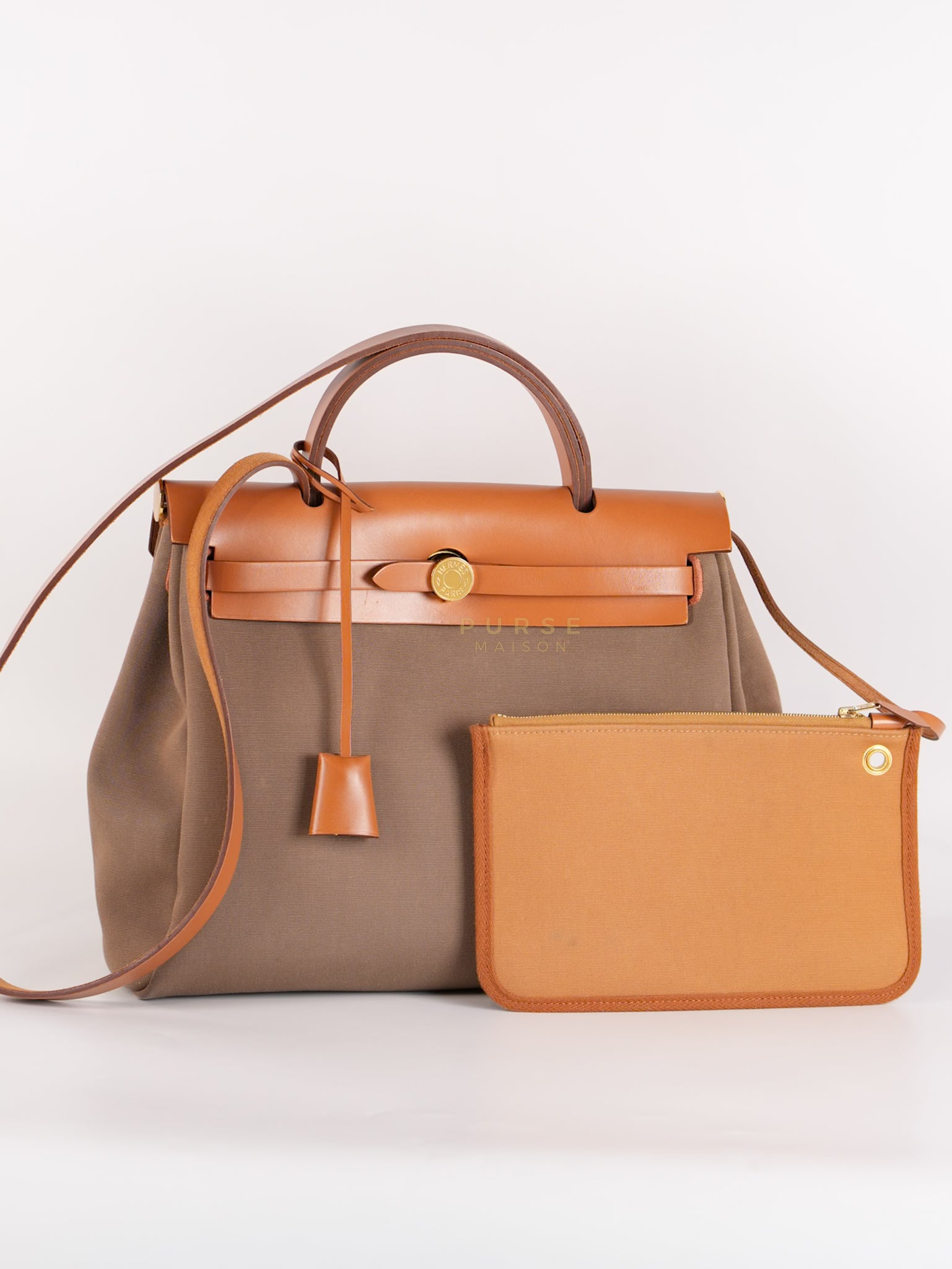 Herbag Zip 31 Vache Hunter Toile in Etoupe ang Gold Hardware Stamp U (2022) | Purse Maison Luxury Bags Shop