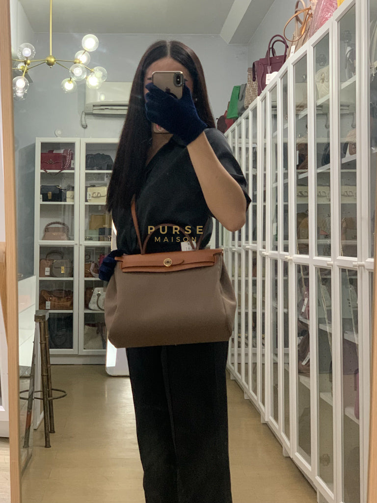 Herbag Zip 31 Vache Hunter Toile in Etoupe ang Gold Hardware Stamp U (2022) | Purse Maison Luxury Bags Shop