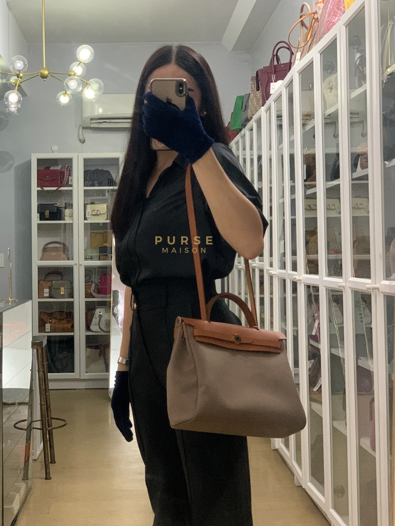 Herbag Zip 31 Vache Hunter Toile in Etoupe ang Gold Hardware Stamp U (2022) | Purse Maison Luxury Bags Shop