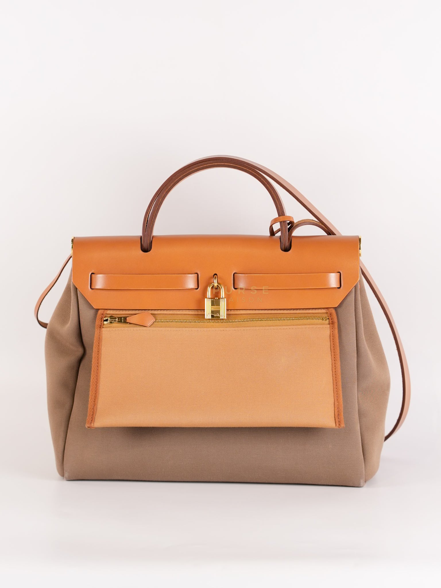 Herbag Zip 31 Vache Hunter Toile in Etoupe ang Gold Hardware Stamp U (2022) | Purse Maison Luxury Bags Shop