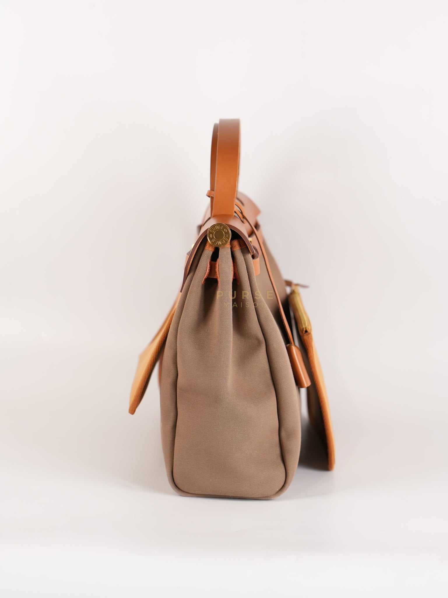 Herbag Zip 31 Vache Hunter Toile in Etoupe ang Gold Hardware Stamp U (2022) | Purse Maison Luxury Bags Shop