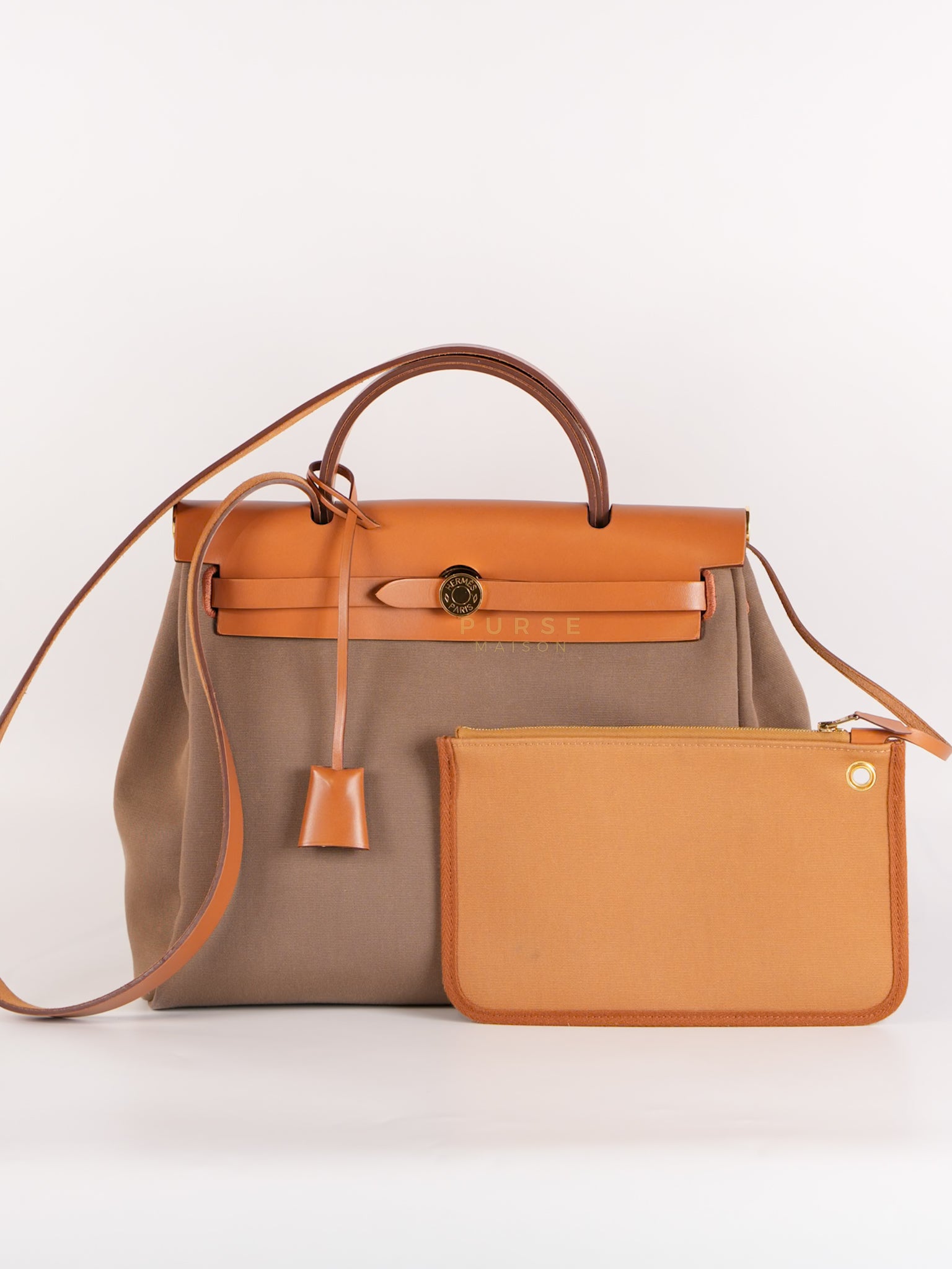 Herbag Zip 31 Vache Hunter Toile in Etoupe ang Gold Hardware Stamp U (2022) | Purse Maison Luxury Bags Shop