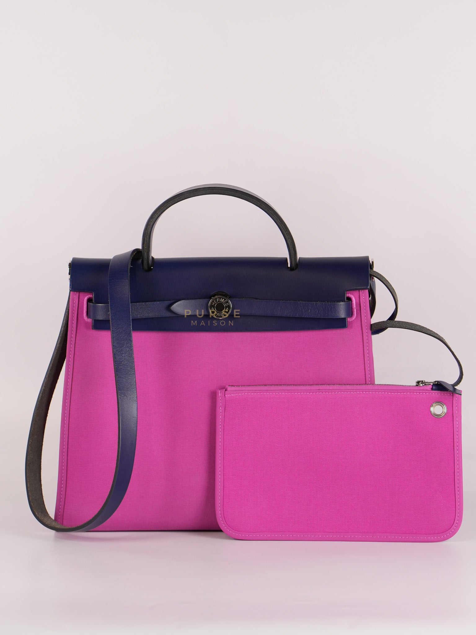 Herbag Zip 31 Vache Hunter Toile Officier Magnolia/Bleu Saphir and Palladium Hardware Stamp Y (2020) | Purse Maison Luxury Bags Shop