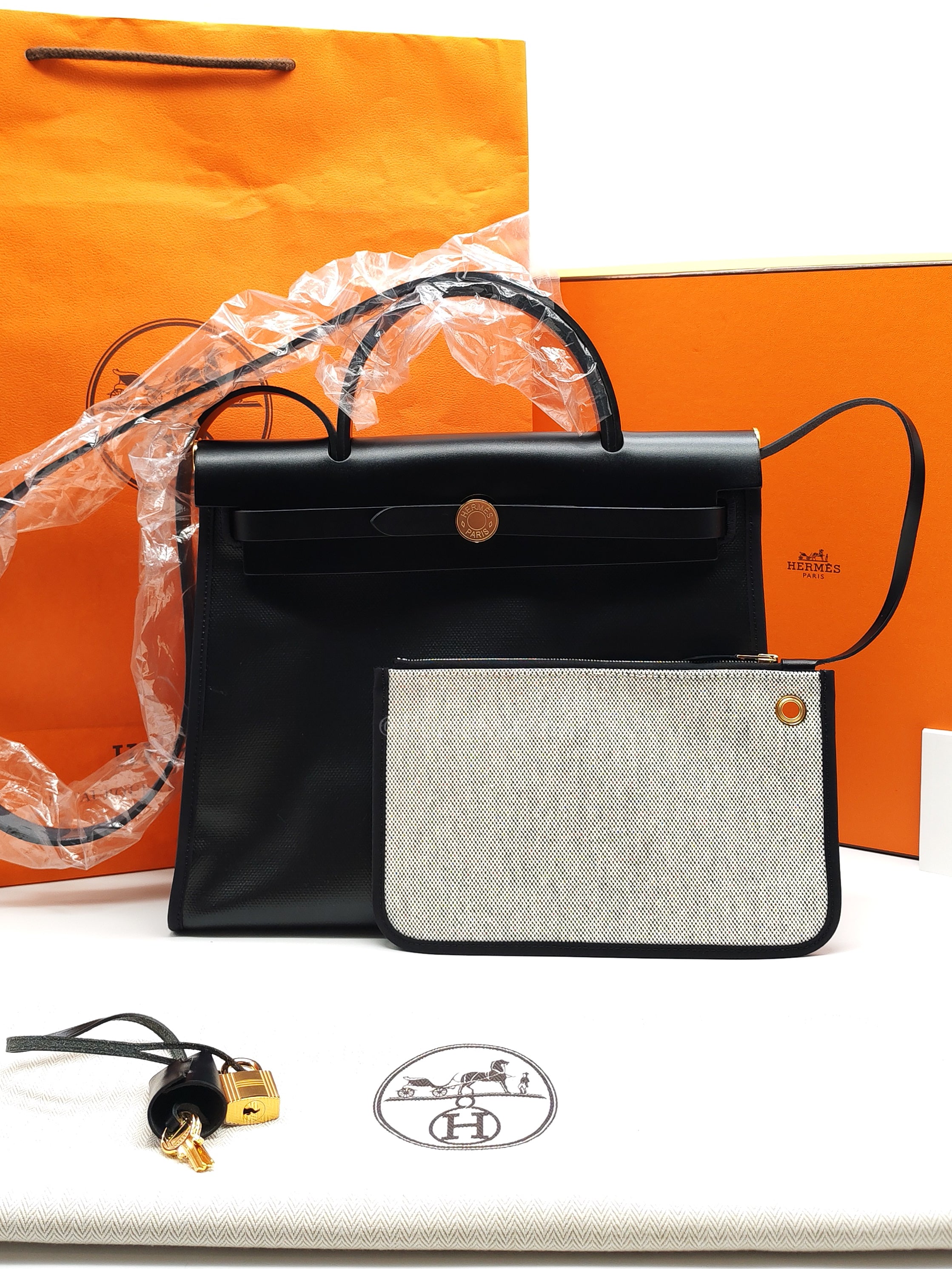 Herbag Zip PM 31 Black and Ecru Toile H Berline Black Vache Hunter Gold Hardware Stamp K(2025) | Purse Maison Luxury Bags Shop