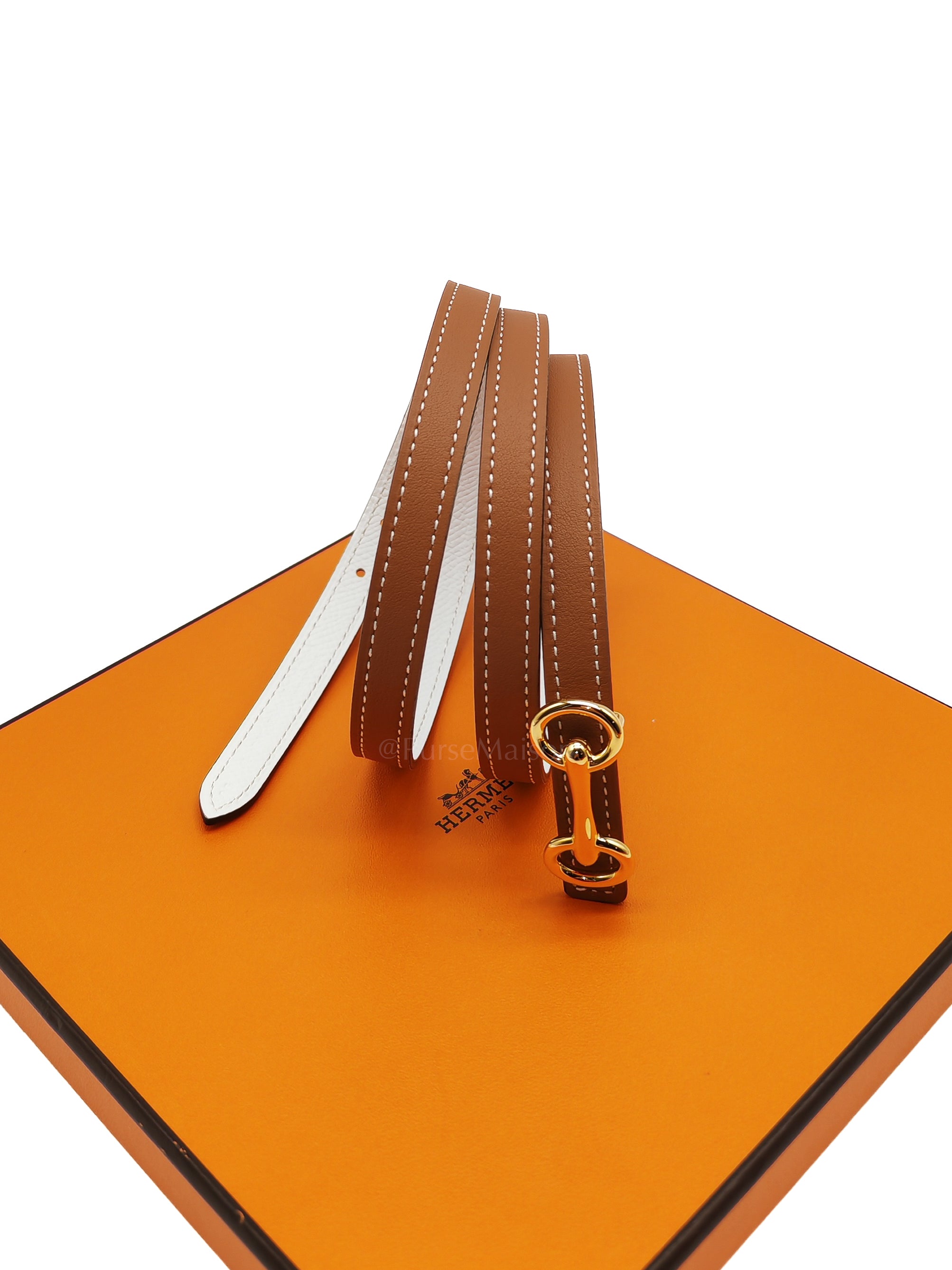 Heritage Buckle Reversible Belt in White Epsome Leather & Gold Swift Leather Strap Gold Hardware Stamp K(2025) Size 85 | Purse Maison Luxury Bags Shop
