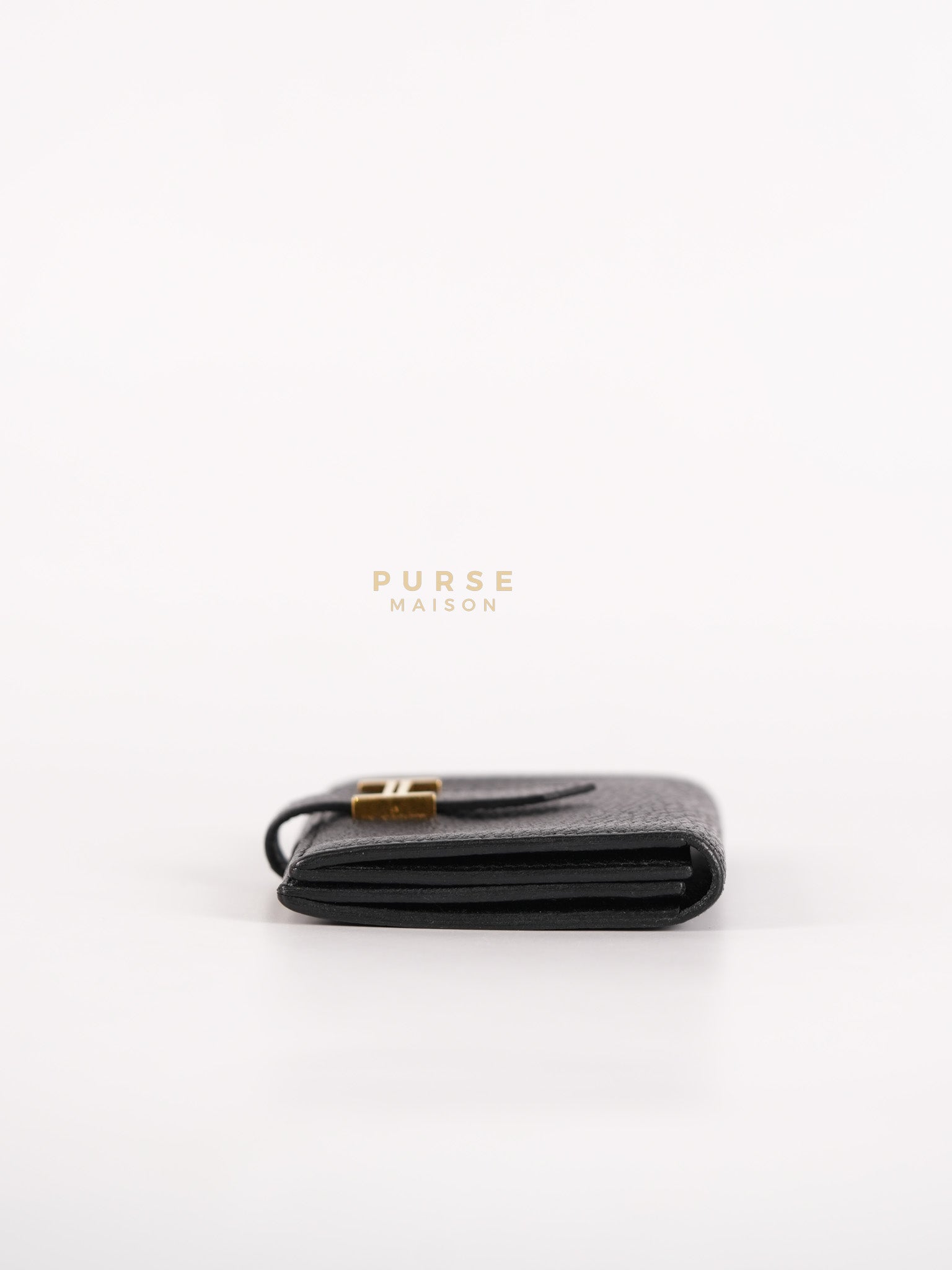 Bearn Bi-Fold Card Holder in Noir Chevre Mysore Leather & Gold Hardware Stamp D (2019) | Purse Maison Luxury Bags Shop