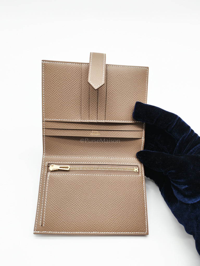 Bearn Bifold in Etoupe Epsom Leather and Gold Hardware Stamp K (2025) | Purse Maison Luxury Bags Shop