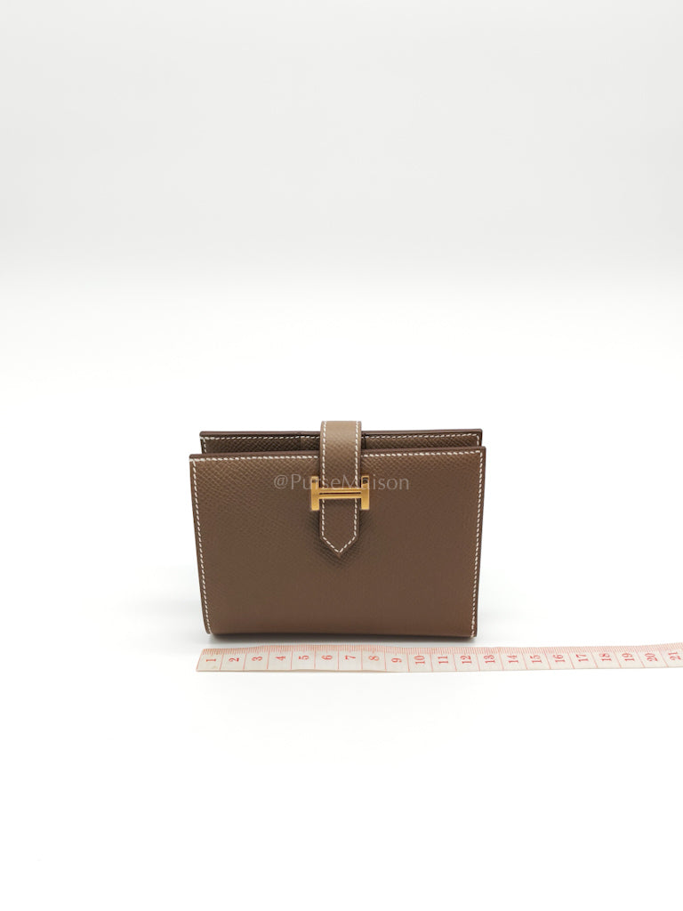 Bearn Bifold in Etoupe Epsom Leather and Gold Hardware Stamp K (2025) | Purse Maison Luxury Bags Shop