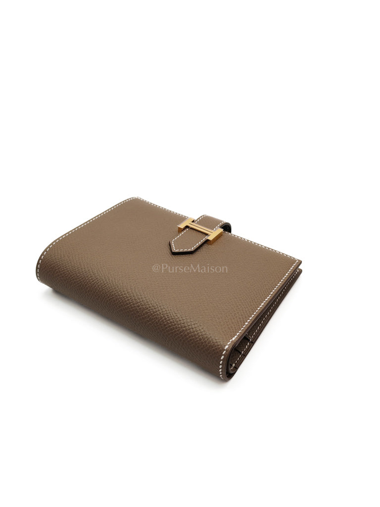 Bearn Bifold in Etoupe Epsom Leather and Gold Hardware Stamp K (2025) | Purse Maison Luxury Bags Shop