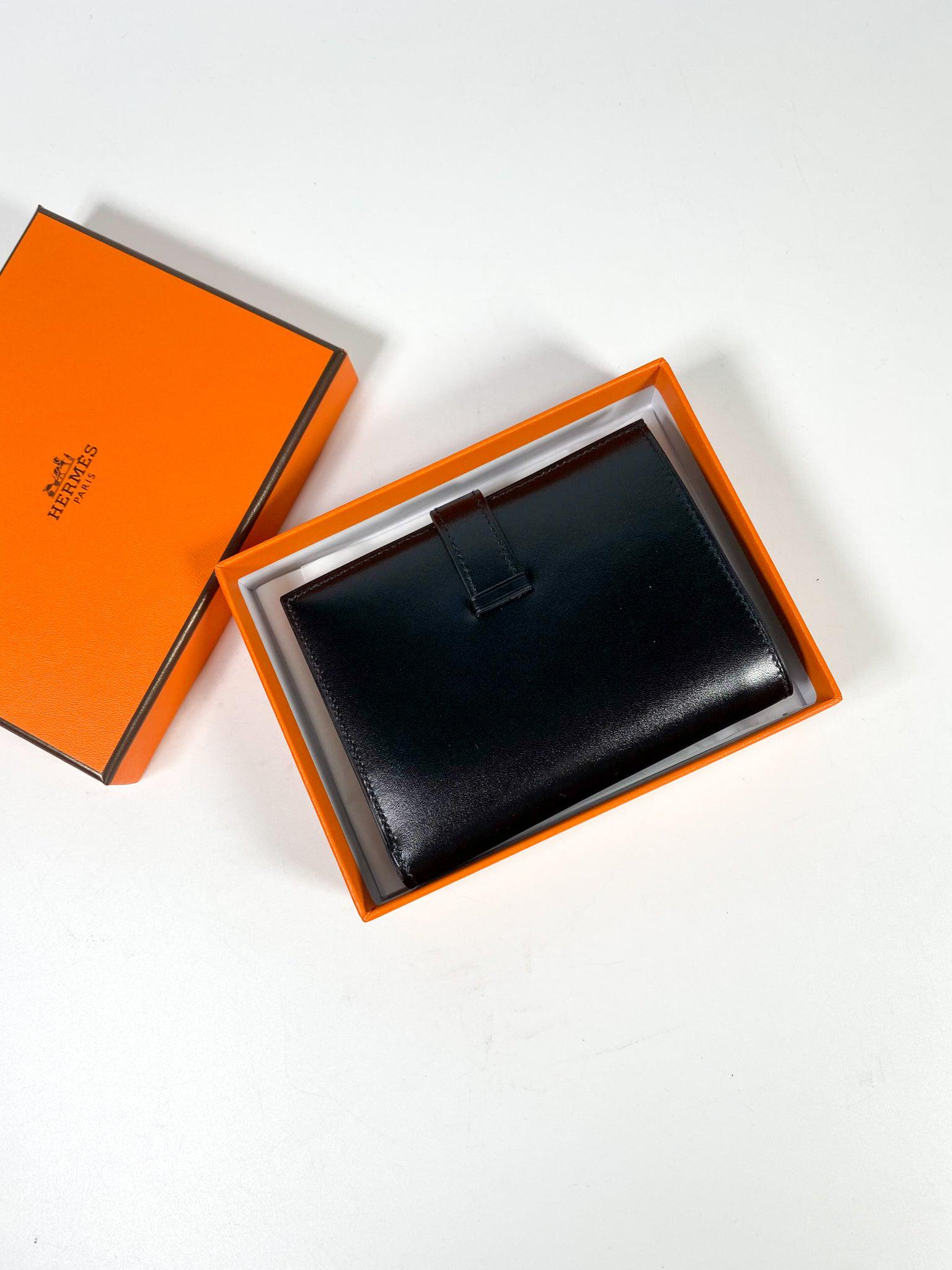 Hermes Bearn Compact Wallet Black Gold Hardware Box Calf Stamp U