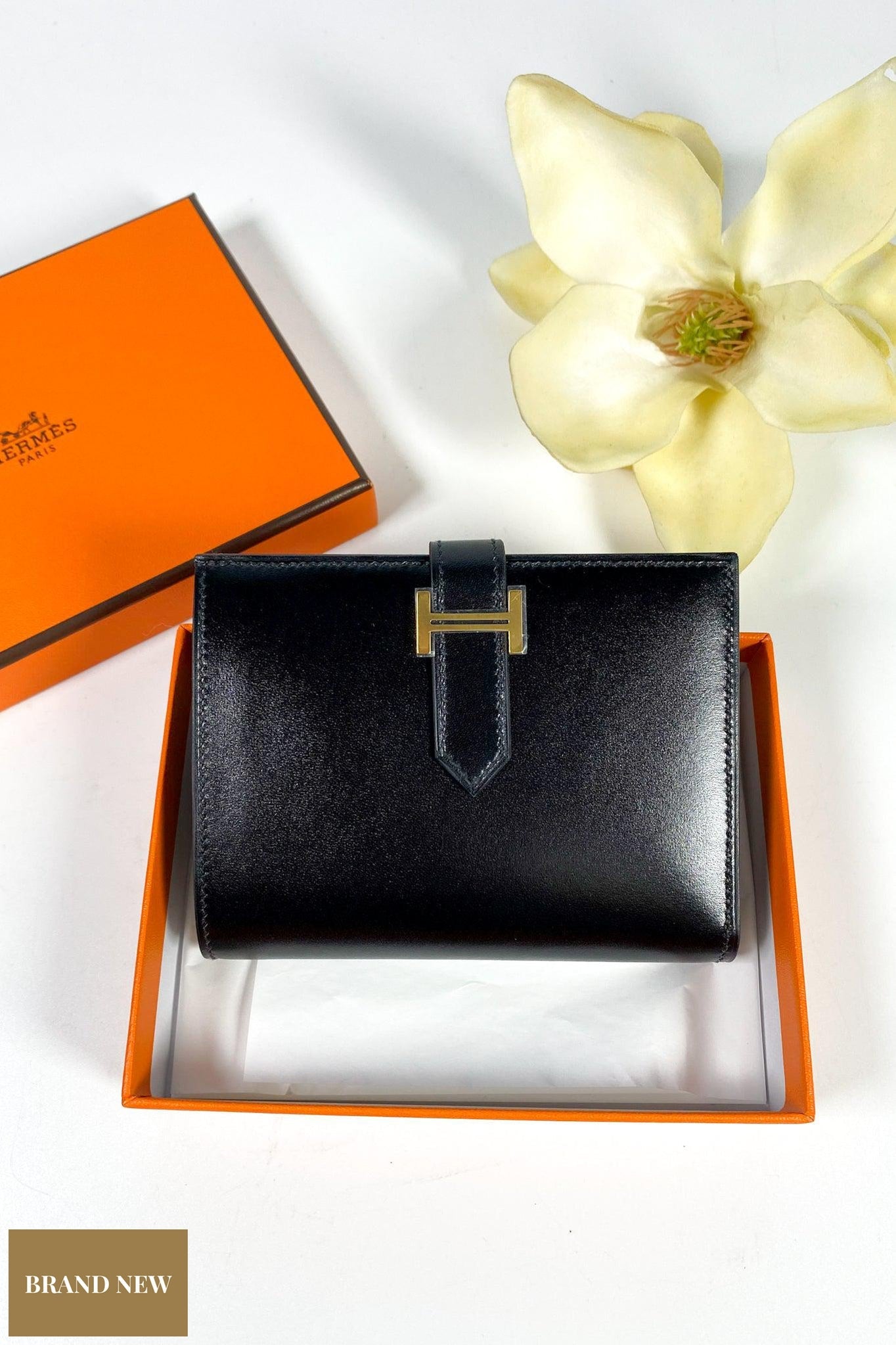 Hermes Bearn Compact Wallet Black Gold Hardware Box Calf Stamp U