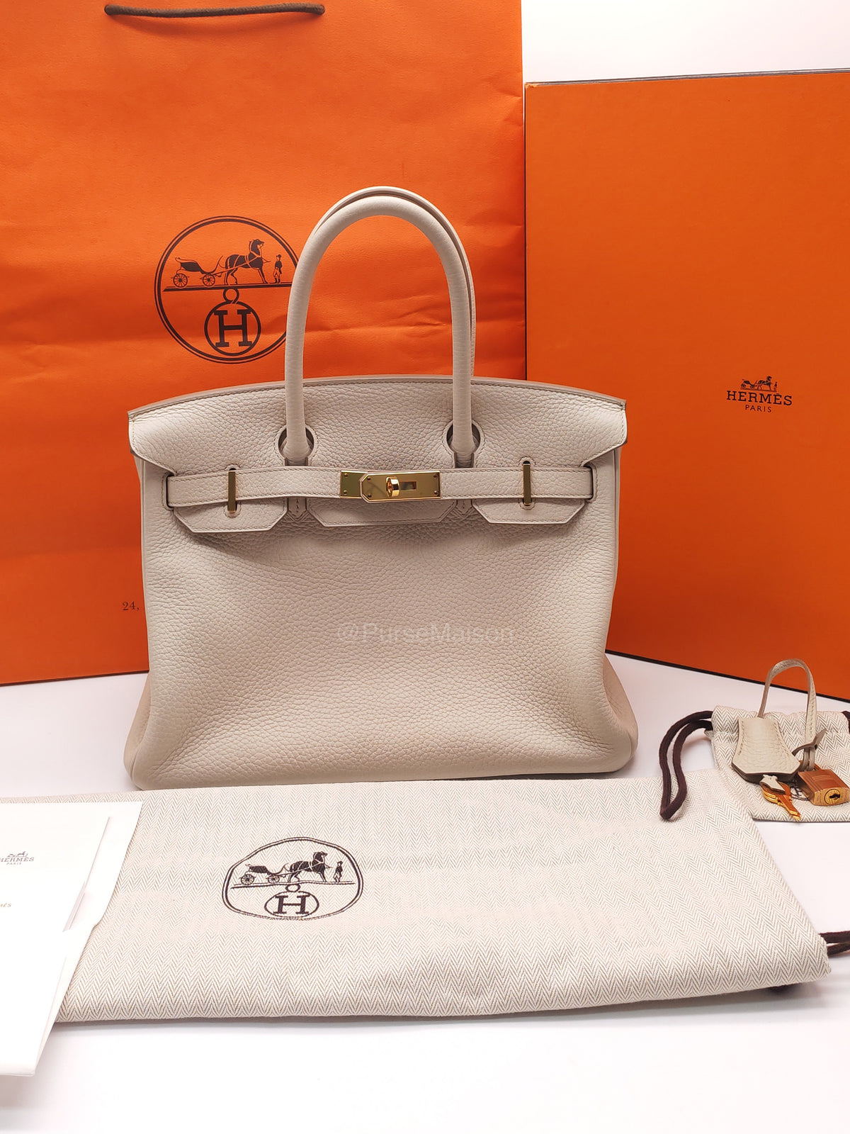Hermes Birkin 30 Retourne in Nata Clemence Leather and Rose Gold Hardware Stamp D (2019) | Purse Maison Luxury Bags Shop