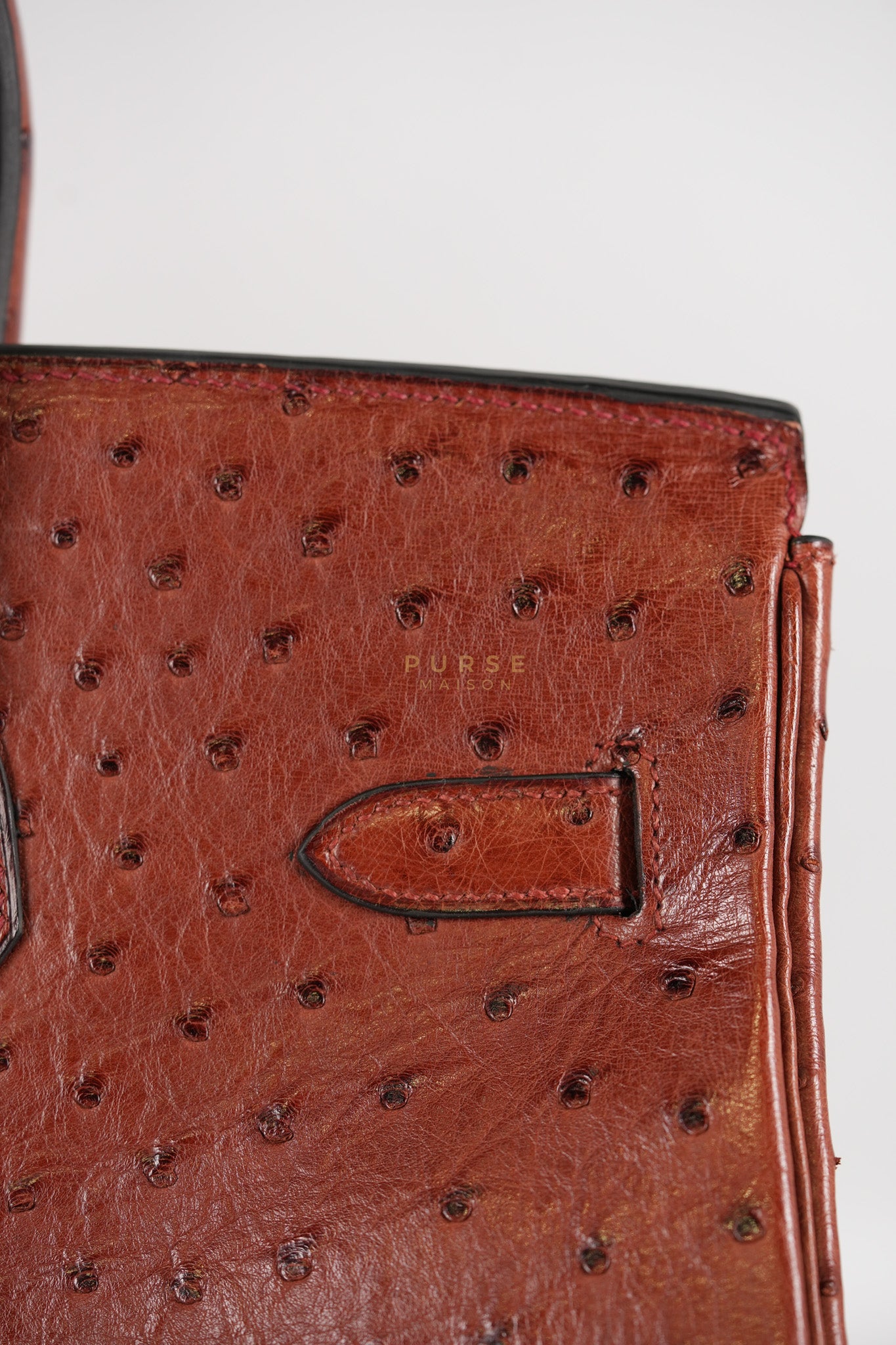 Birkin 35 Retourne Rouge in Ostrich Leather and Palladium Hardware Stamp Square D (2000) | Purse Maison Luxury Bags Shop