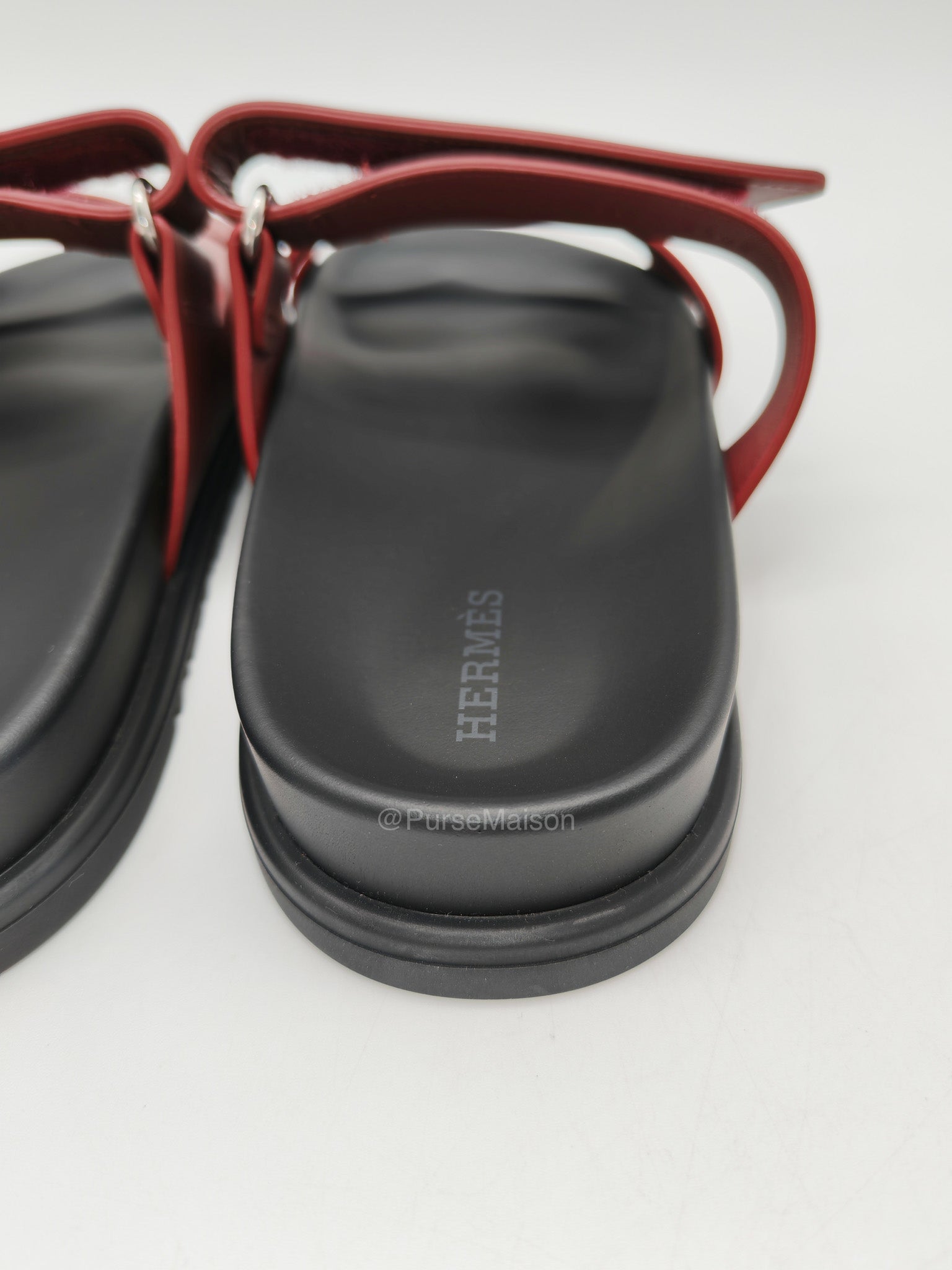 Hermes Chypre Sandals In Deep Burgundy H-Shaped Strap Design Size 38 (25cm) | Purse Maison Luxury Bags Shop