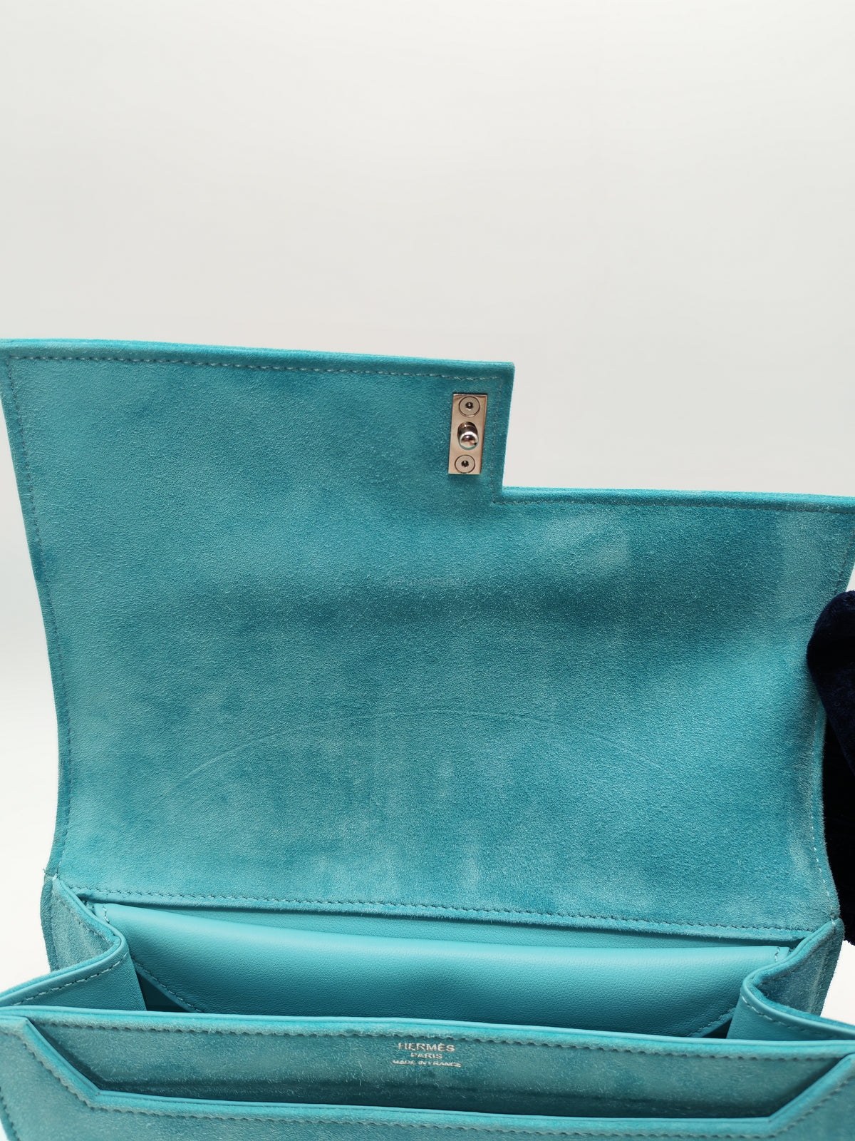 Hermes Doblis Mini Verrou Clutch Bag in Blue Atoll Suede Leather and Palladium Hardware Stamp X (2016) | Purse Maison Luxury Bags Shop