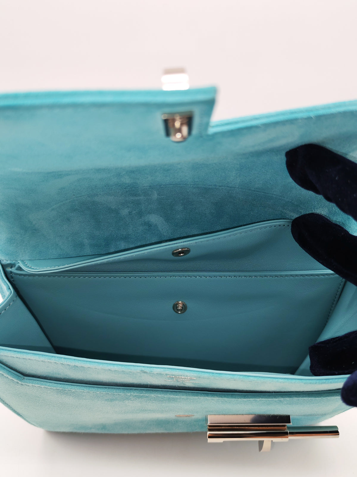 Hermes Doblis Mini Verrou Clutch Bag in Blue Atoll Suede Leather and Palladium Hardware Stamp X (2016) | Purse Maison Luxury Bags Shop