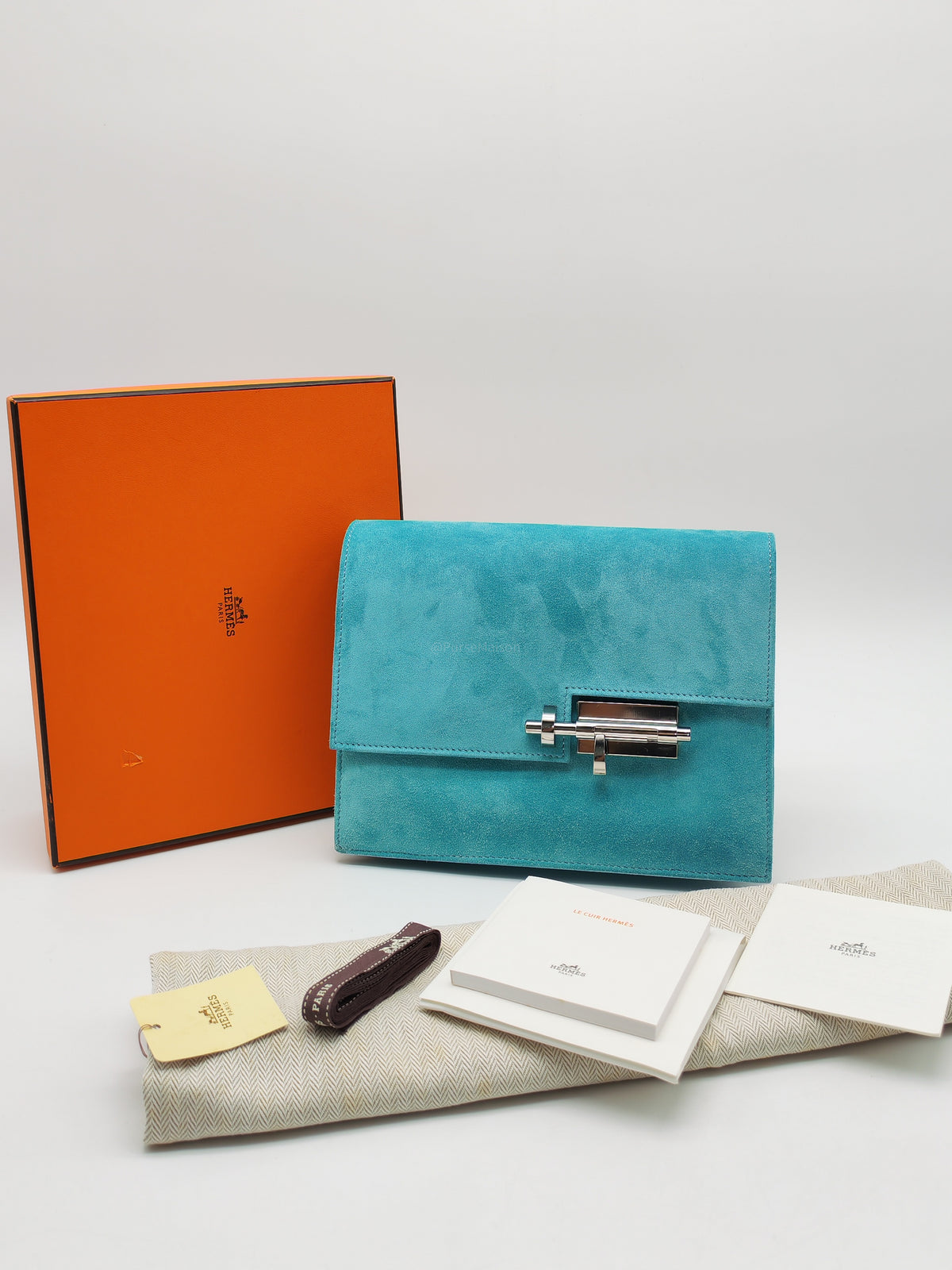 Hermes Doblis Mini Verrou Clutch Bag in Blue Atoll Suede Leather and Palladium Hardware Stamp X (2016) | Purse Maison Luxury Bags Shop