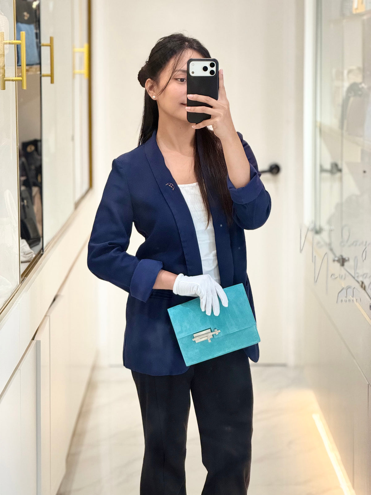 Hermes Doblis Mini Verrou Clutch Bag in Blue Atoll Suede Leather and Palladium Hardware Stamp X (2016) | Purse Maison Luxury Bags Shop
