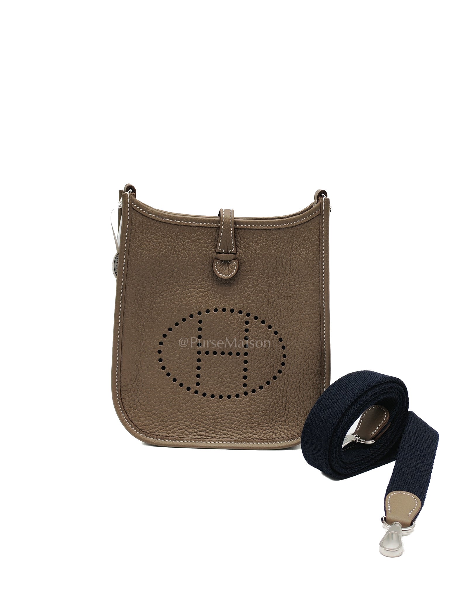 Hermes Evelyne 16 Amazone in Etoupe Clemence Leather with Navy Blue Strap Palladium Hardware Stamp K(2025) | Purse Maison Luxury Bags Shop